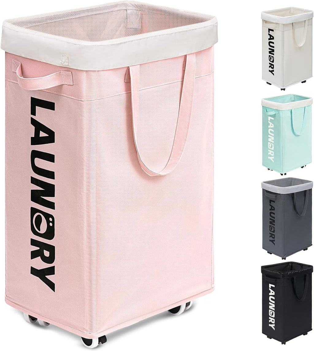 Goodpick Pink Laundry Basket with Wheels, Dorm Room Essentials for Girls, 75L Collapsible Laundry Basket, Laundry Hamper with Handle for College Dorm