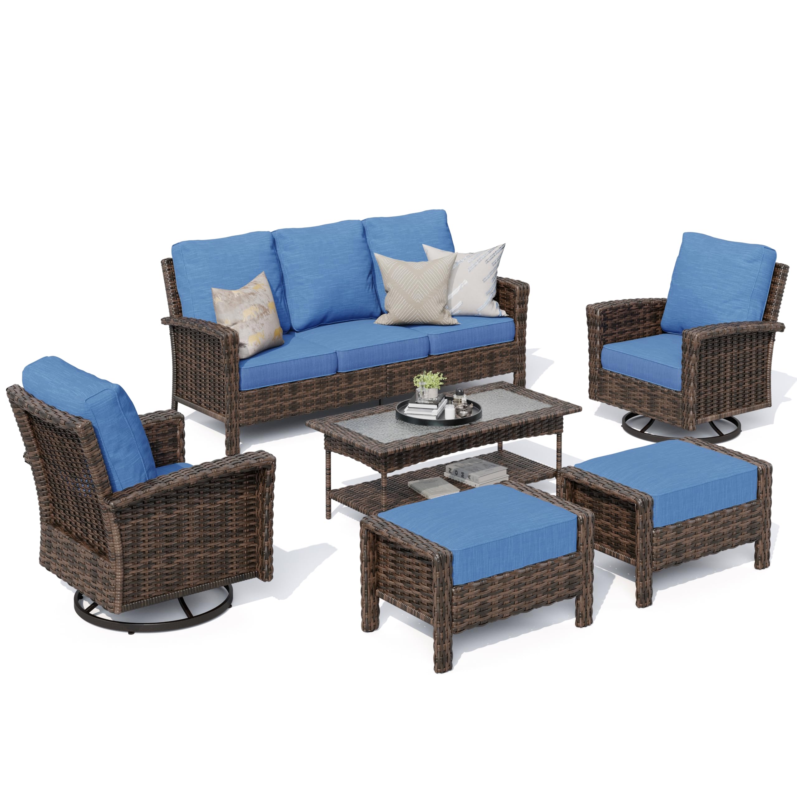 HERA'S HOUSE Patio Furniture Set, High Back Swivel Outdoor Chair with 5.5" Thick Cushions, Oversized Deep Seating Wicker Conversation Set for Lawn Backyard Deck, Navy Blue