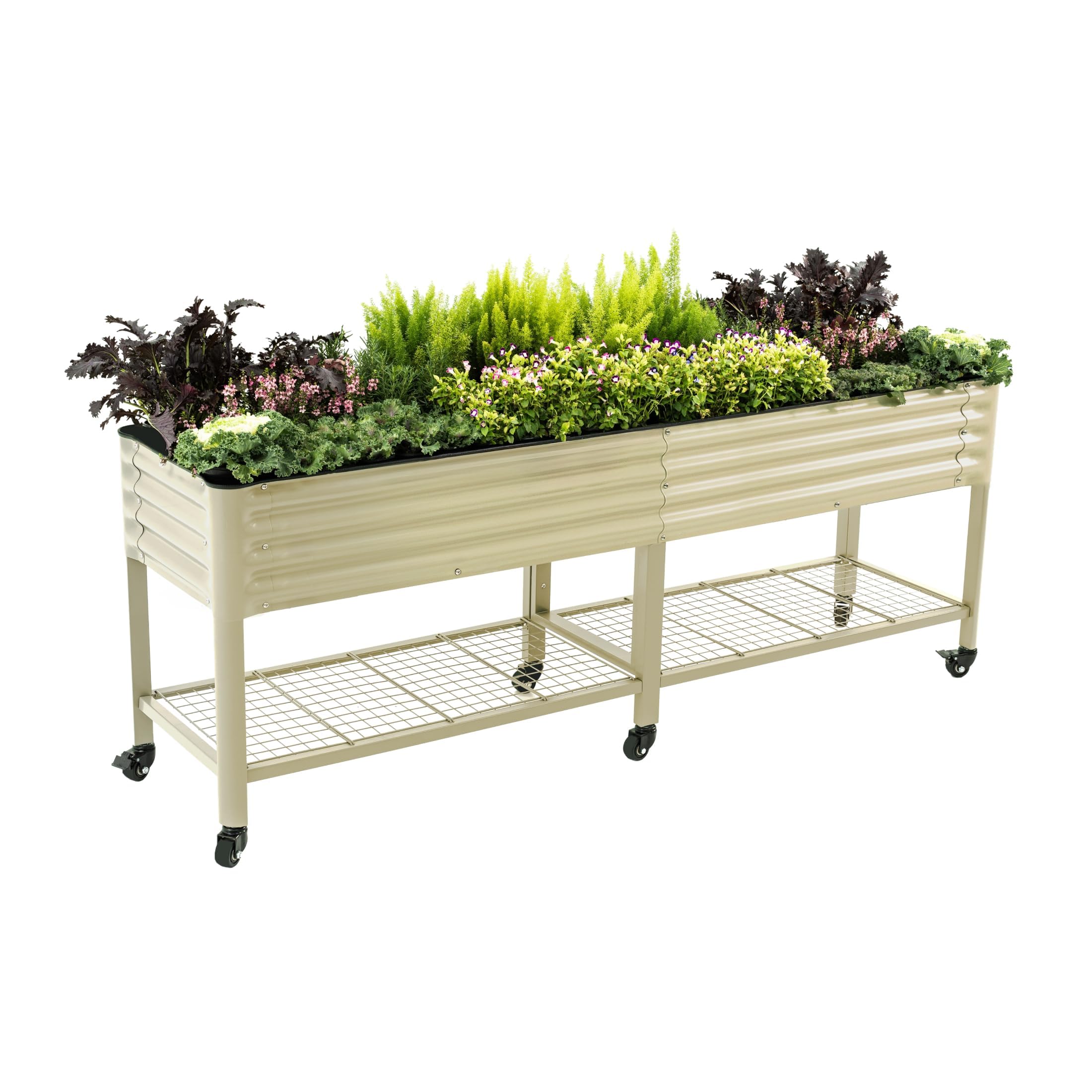 Rolling Elevated Raised Garden Bed, 2' x 4' Outdoor Planters Boxes with Legs & Storage Rack for Patio, 700 Lbs Weight Capacity, Raised Beds for Gardening Herbs Flowers, Pearl White