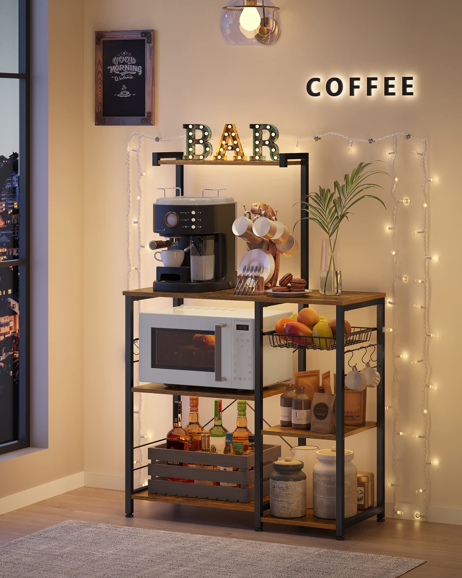 VASAGLE Kitchen Bakers Rack with Power Outlet, Coffee Bar with 35.4-Inch High Worktop, Microwave Stand with 8 Hooks, 15.7 x 31.5 x 66.9 Inches, Golden Oak and Cloud White UKKS059Y01