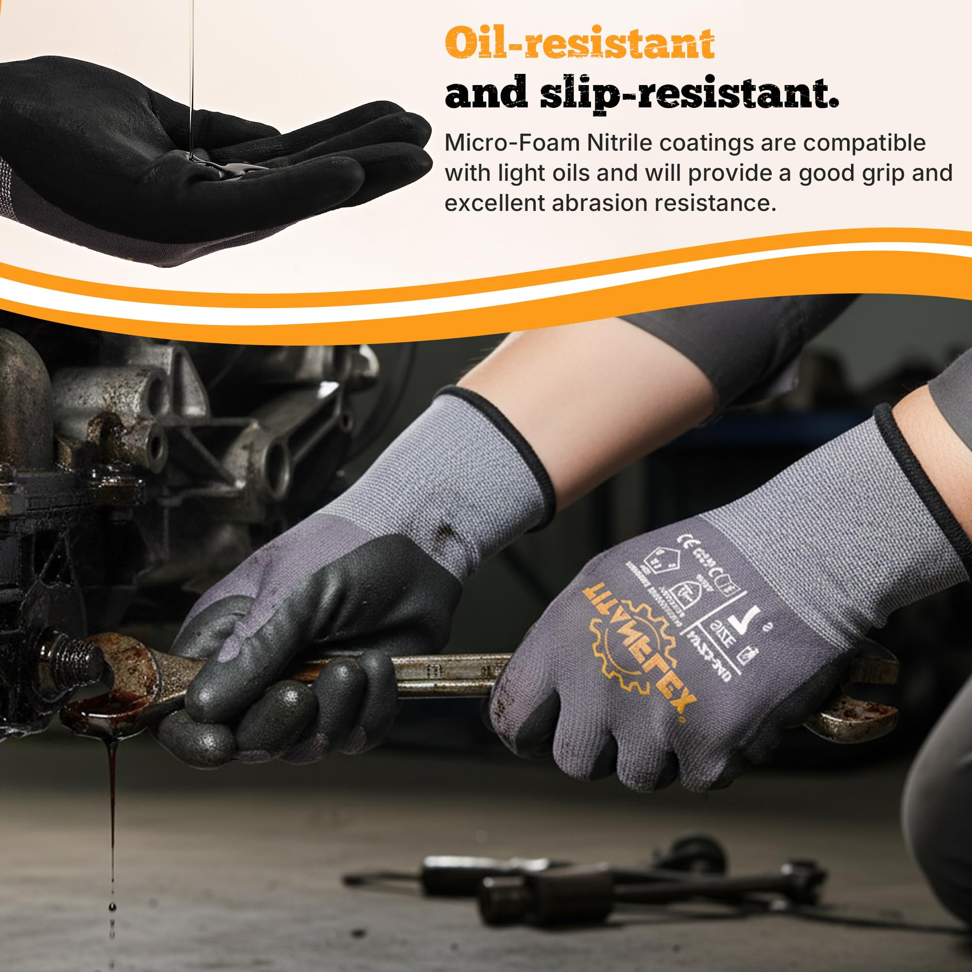 TitanFlex Work Gloves Microfoam Nitrile Coated Men Women-6 Pairs, Safety Warehouse Gloves Mens Working Glove with Grip Heavy Duty, Touchscreen, Seamless Knit Nylon for Automotive, Garden (Large)