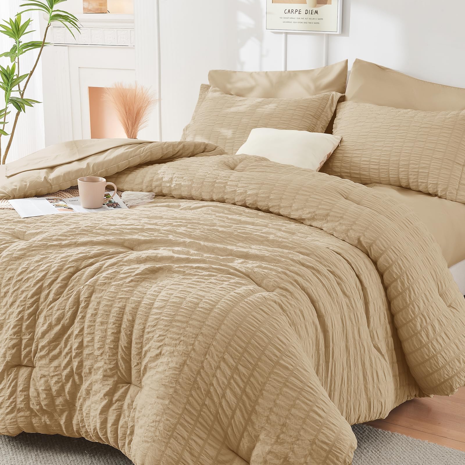 HYMOKEGE Twin XL Comforter Set Seersucker 5 Pieces, All Season Luxury Bed in a Bag for Bedroom, Bedding Set with Comforter, Sheet, Pillowcase & Sham, Dark Grey