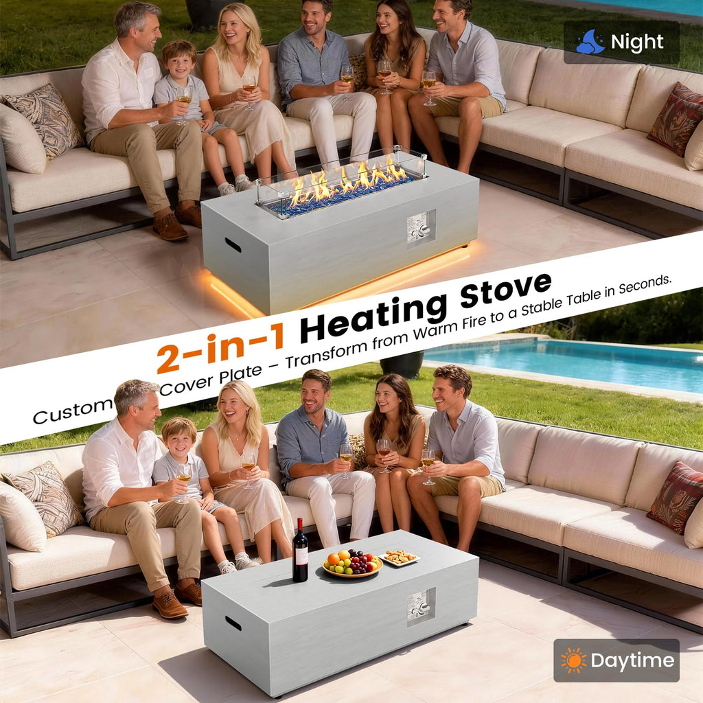 SUNPEAK 42" Modern Fire Pit Table with LED Light 50,000 BTU Deck Fire Pit Table Includes Wind Guard, Lid, Rocks & Cover - Propane Gas Patio Fireplace, Chimenea para Patio (Grey/Golden Light, 42" LED)