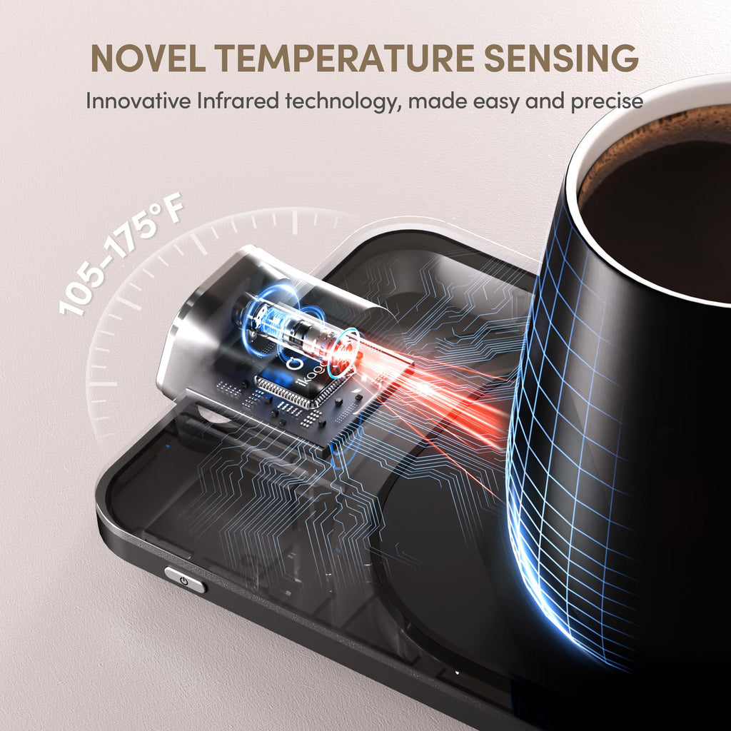 Coffee Cup Warmer & iKago Mug Set, 1℉ Precise Temp Control Mug Warmer | Auto Shut Off, Infrared Sensor, Dual Temp Display, ℉/℃ Optional, 15oz Mug with Spoon & Lid Included, Gifts for Men Women