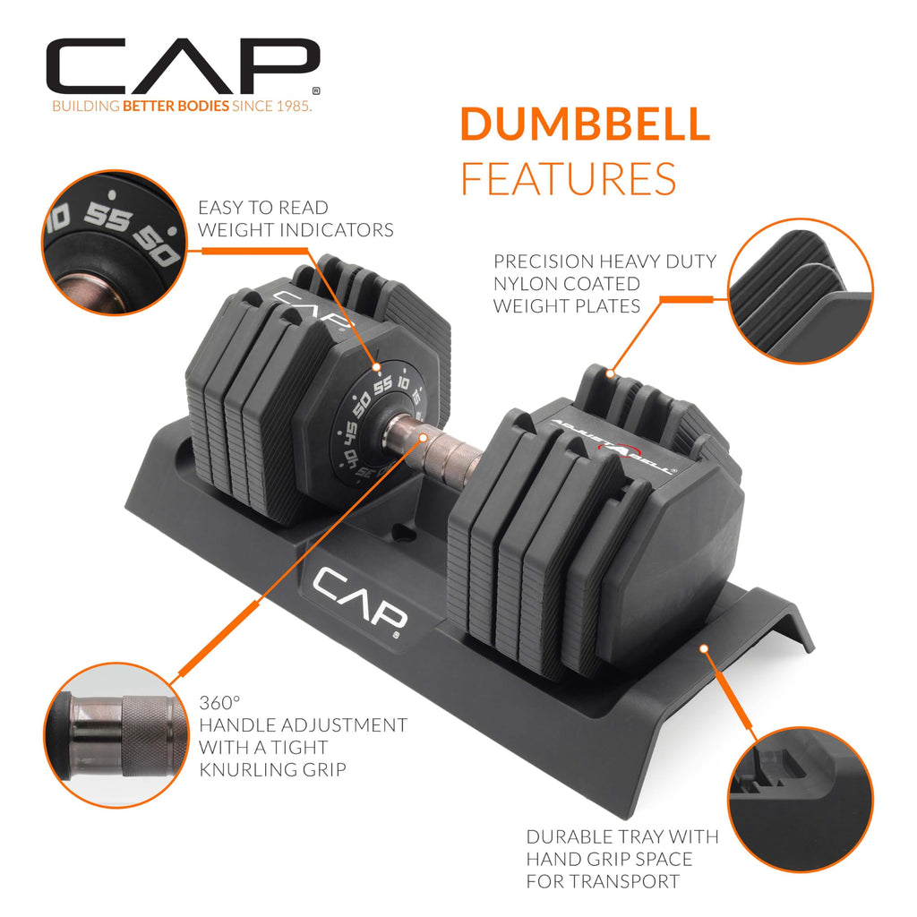 CAP ADJUSTABELL Adjustable Dumbbell Set, Premium Quick Select Adjustable Weights for Strength Training, Singles & Pairs, 12.5 LB, 25 LB & 55 LB, Round & Hex Dumbbells, Multiple Grip Handle Options