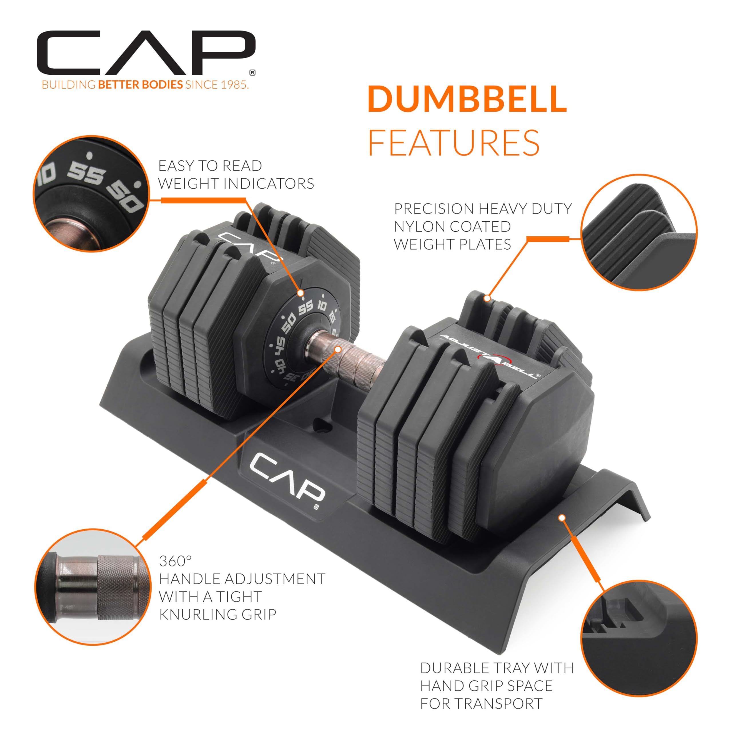 CAP ADJUSTABELL Adjustable Dumbbell Set, Premium Quick Select Adjustable Weights for Strength Training, Singles & Pairs, 12.5 LB, 25 LB & 55 LB, Round & Hex Dumbbells, Multiple Grip Handle Options