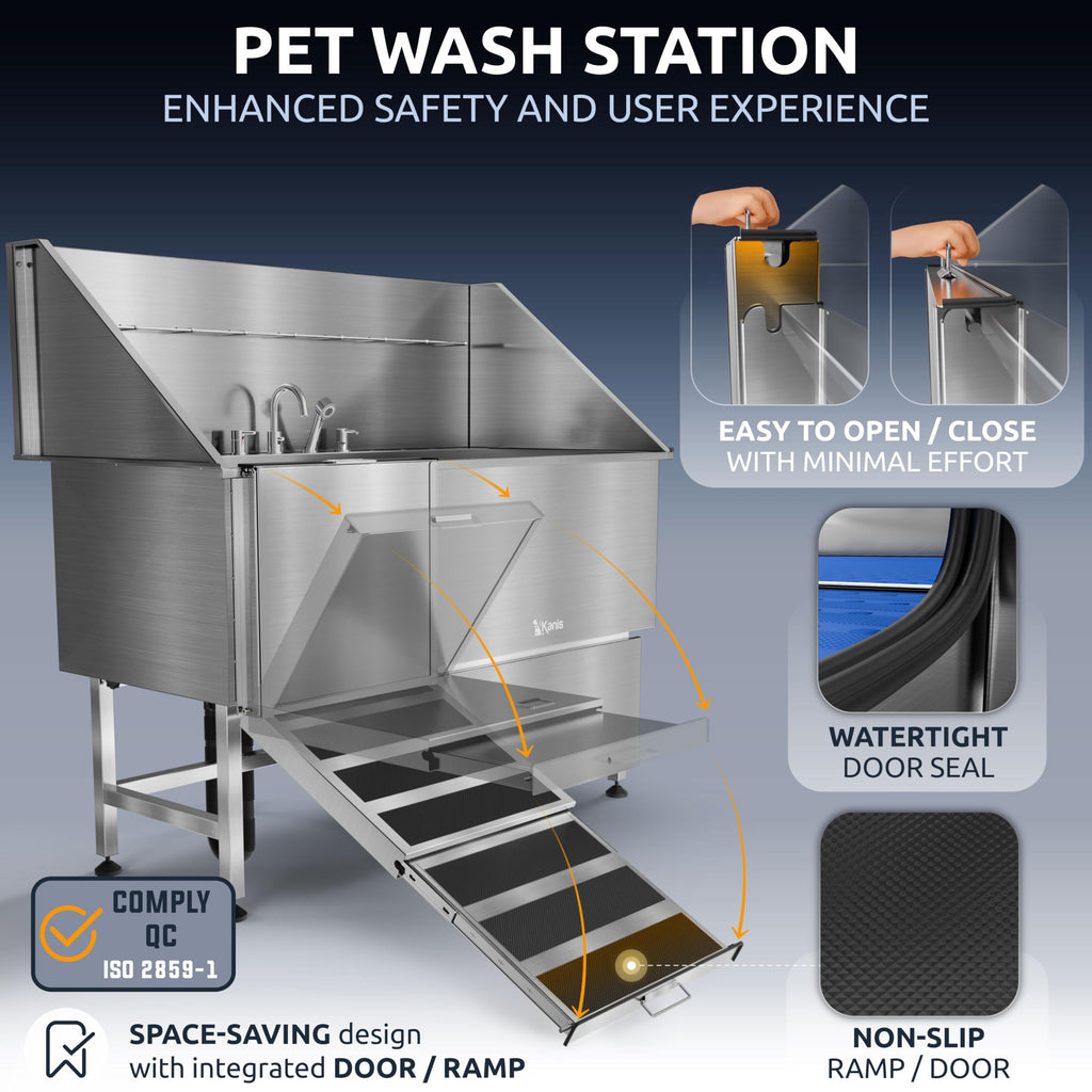 KANIS Professional Dog Washing Station 304 Stainless Steel Pet Wash Sink & Grooming Bathtub w/Shower, Floor Grates and Storage for Large, Medium & Small Pets (Silver, 50 Inches, Right Ramp, 1 Drawer)
