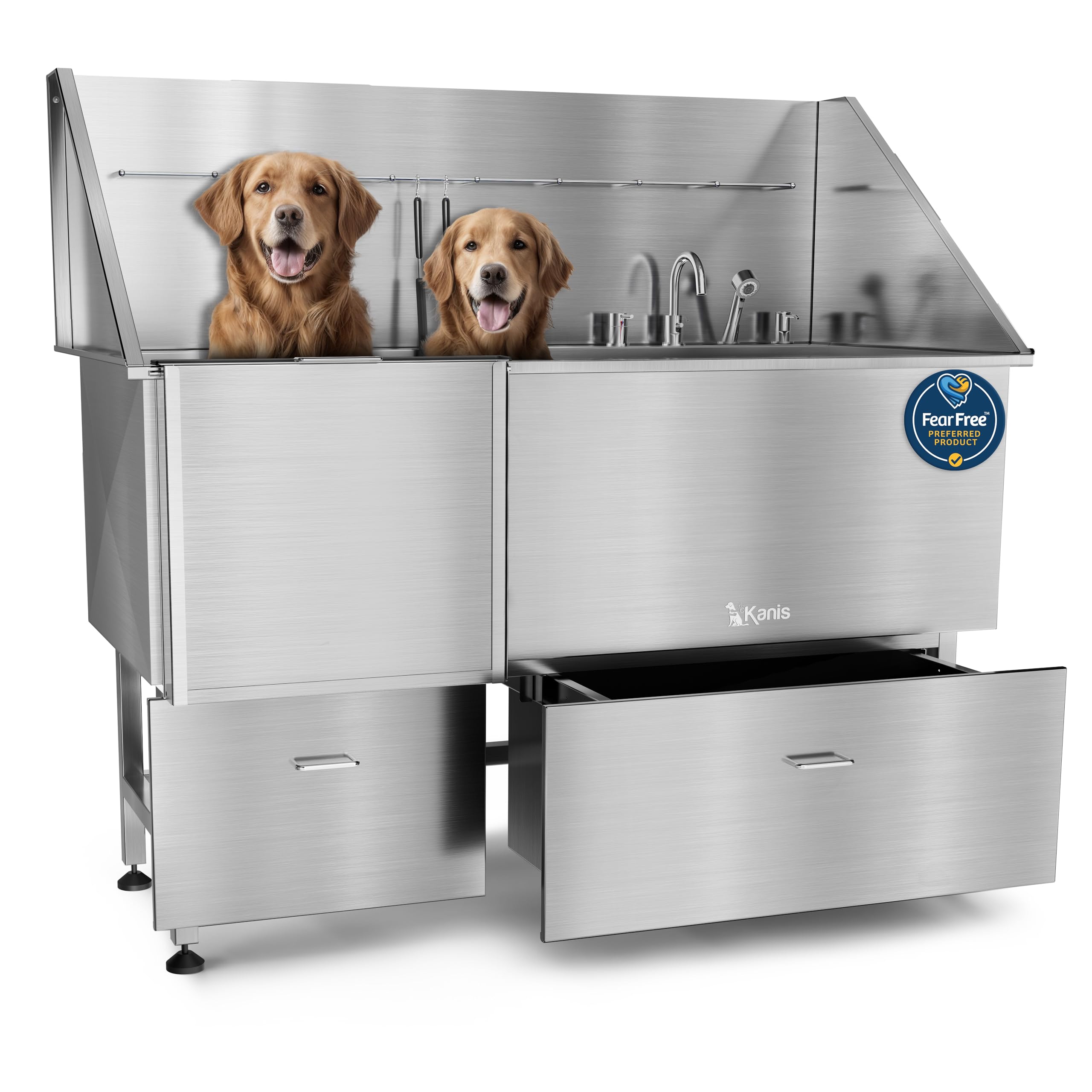 KANIS Professional Dog Washing Station 304 Stainless Steel Pet Wash Sink & Grooming Bathtub w/Shower, Floor Grates and Storage for Large, Medium & Small Pets (Silver, 50 Inches, Right Ramp, 1 Drawer)