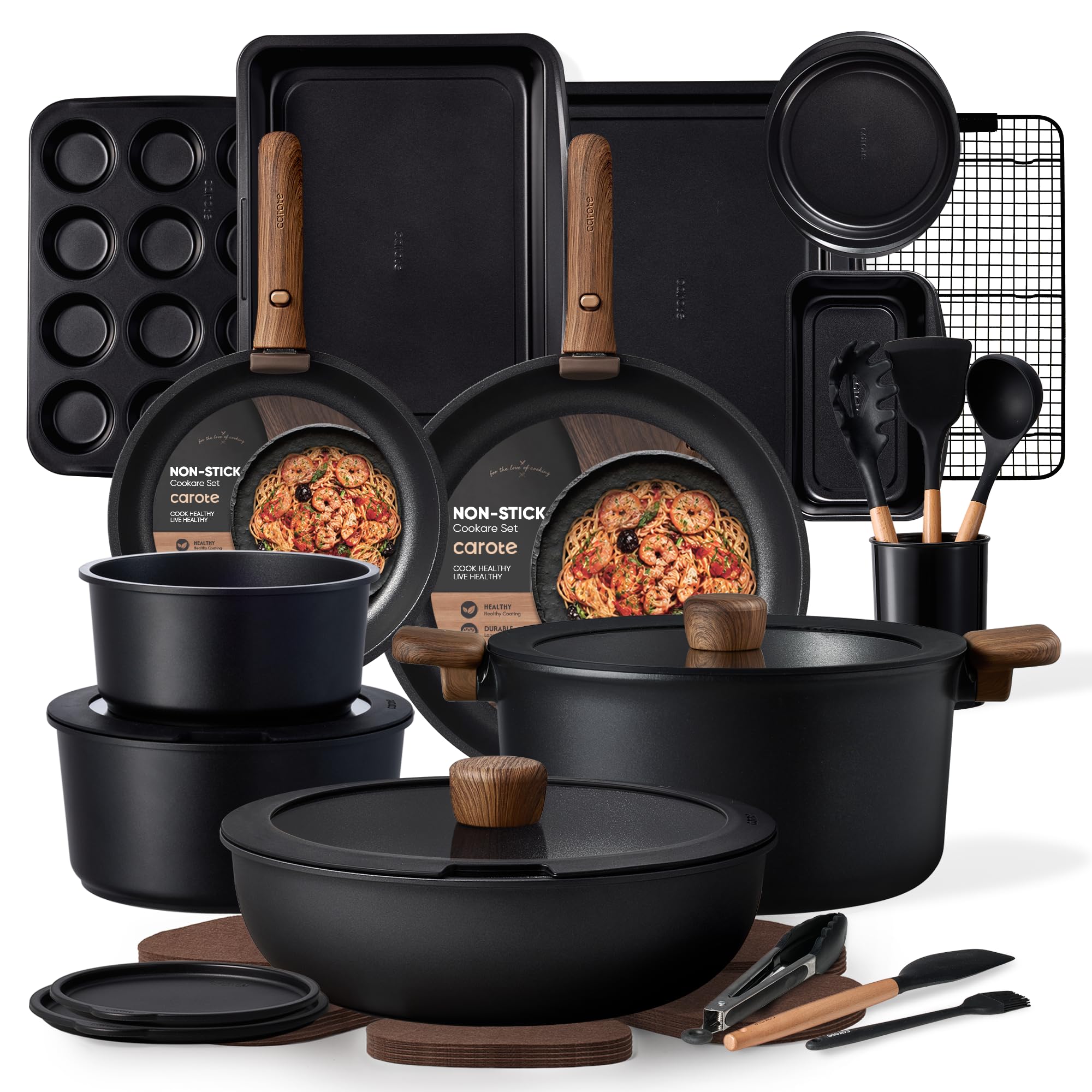 CAROTE 19pcs Pots and Pans Non Stick, Cookware Sets Detachable Handle, Induction Kitchen Pots and Pans,NonStick Cooking Set, Oven/Dishwasher/Fridge Safe, Space Saving