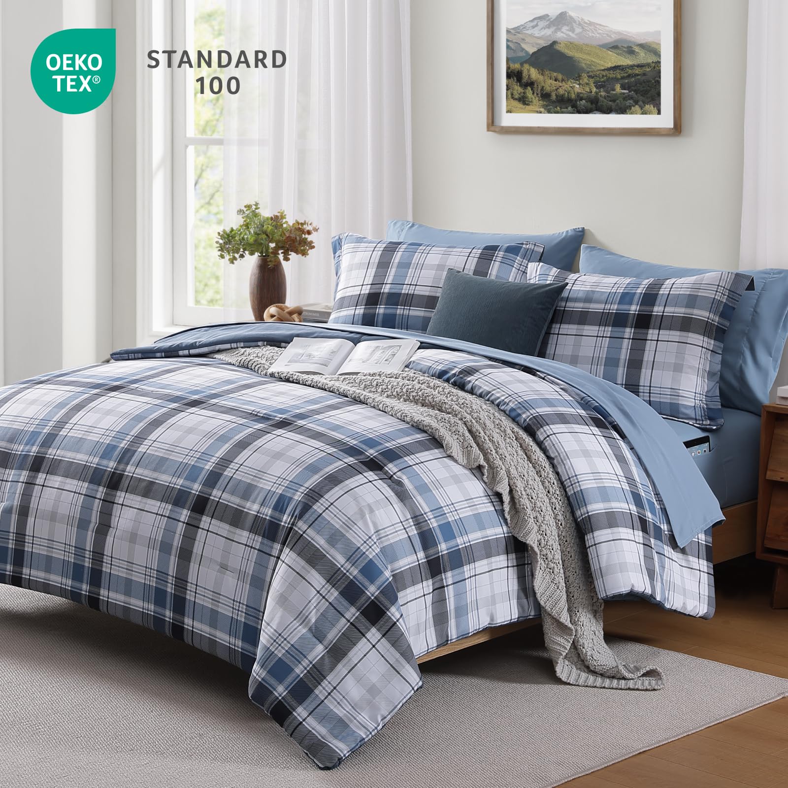 MaiRêve Plaid Twin XL Comforter Set Navy Blue 5 Pieces Dorm Bed in a Bag | Rustic Farmhouse Bedding Sets for Boys Teen with Sheets, Pillowcase & Sham