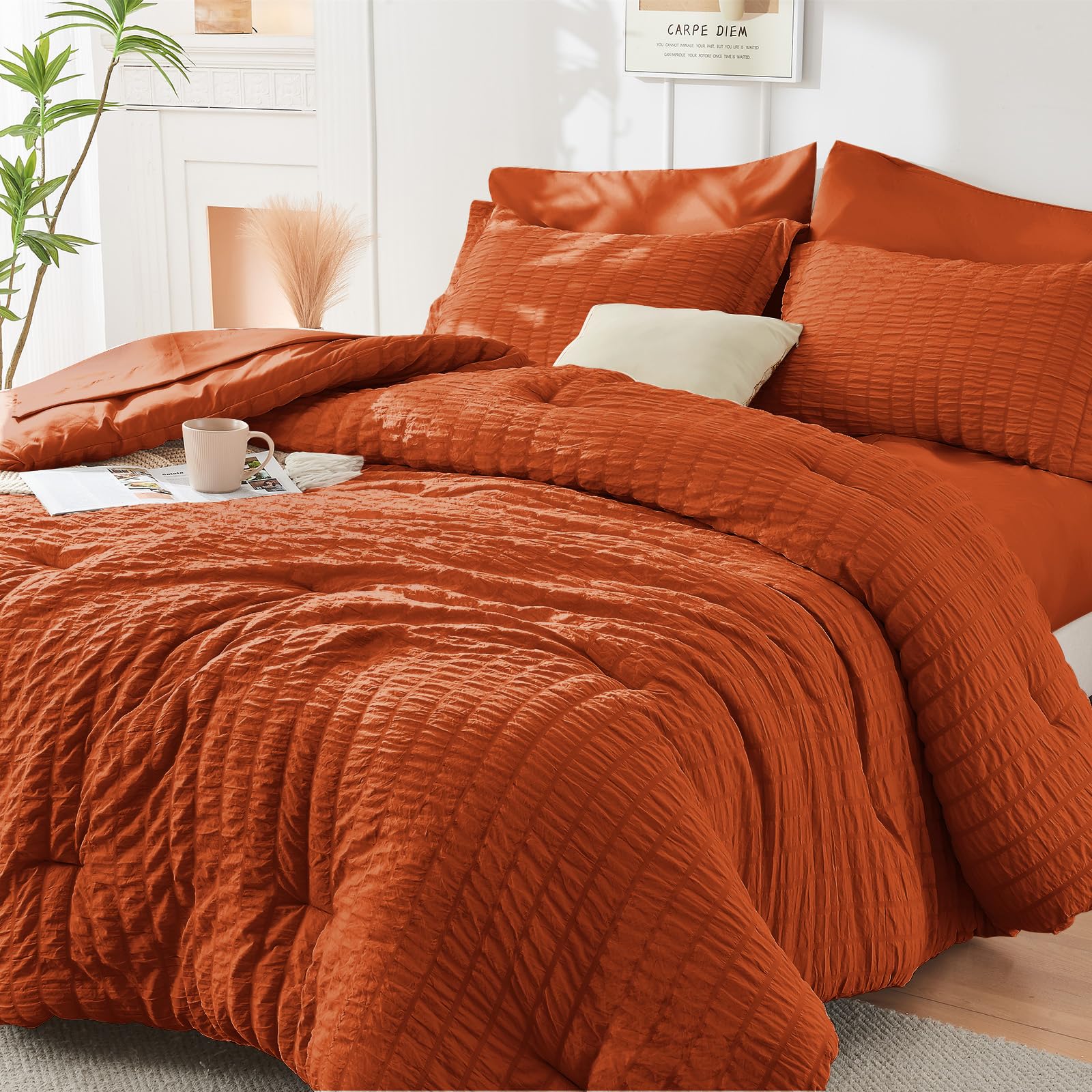HYMOKEGE Twin XL Comforter Set Seersucker 5 Pieces, All Season Luxury Bed in a Bag for Bedroom, Bedding Set with Comforter, Sheet, Pillowcase & Sham, Dark Grey