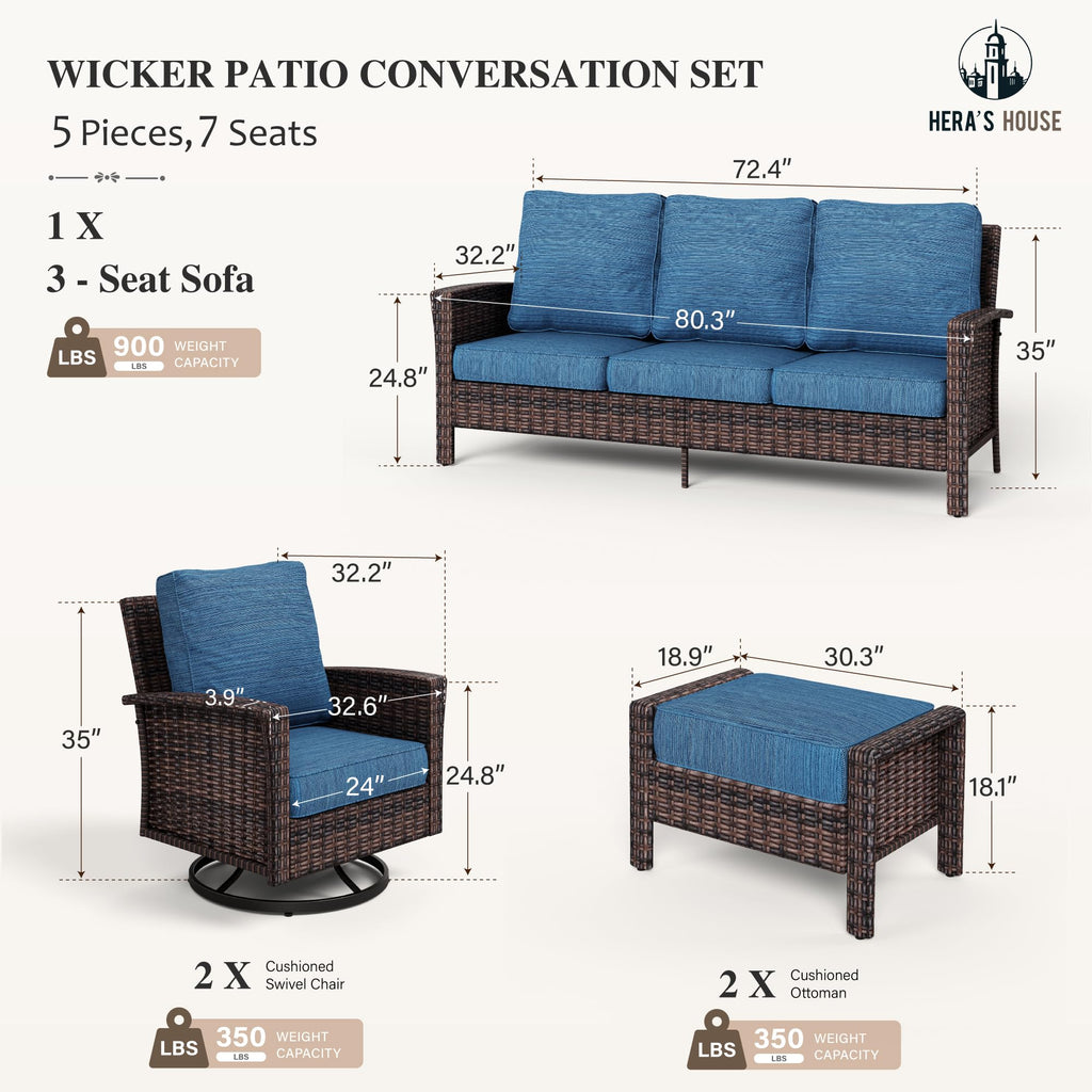 HERA'S HOUSE Patio Furniture Set, High Back Swivel Outdoor Chair with 5.5" Thick Cushions, Oversized Deep Seating Wicker Conversation Set for Lawn Backyard Deck, Navy Blue