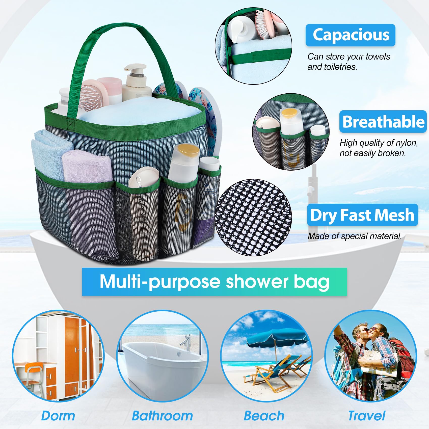 Attmu Mesh Shower Caddy Portable for College Dorm Room Camping Essentials, Shower Caddy Dorm with 9-Pockets, Large Capacity Hanging Basket Bathroom Bag for Toiletry, Swimming, Gym, Camp, Beach