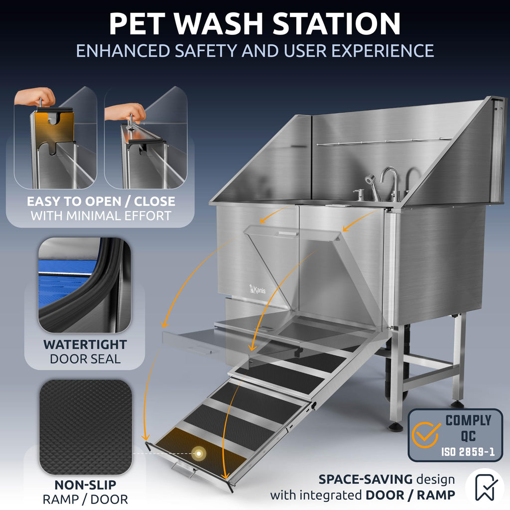 KANIS Professional Dog Washing Station 304 Stainless Steel Pet Wash Sink & Grooming Bathtub w/Shower, Floor Grates and Storage for Large, Medium & Small Pets (Silver, 50 Inches, Right Ramp, 1 Drawer)
