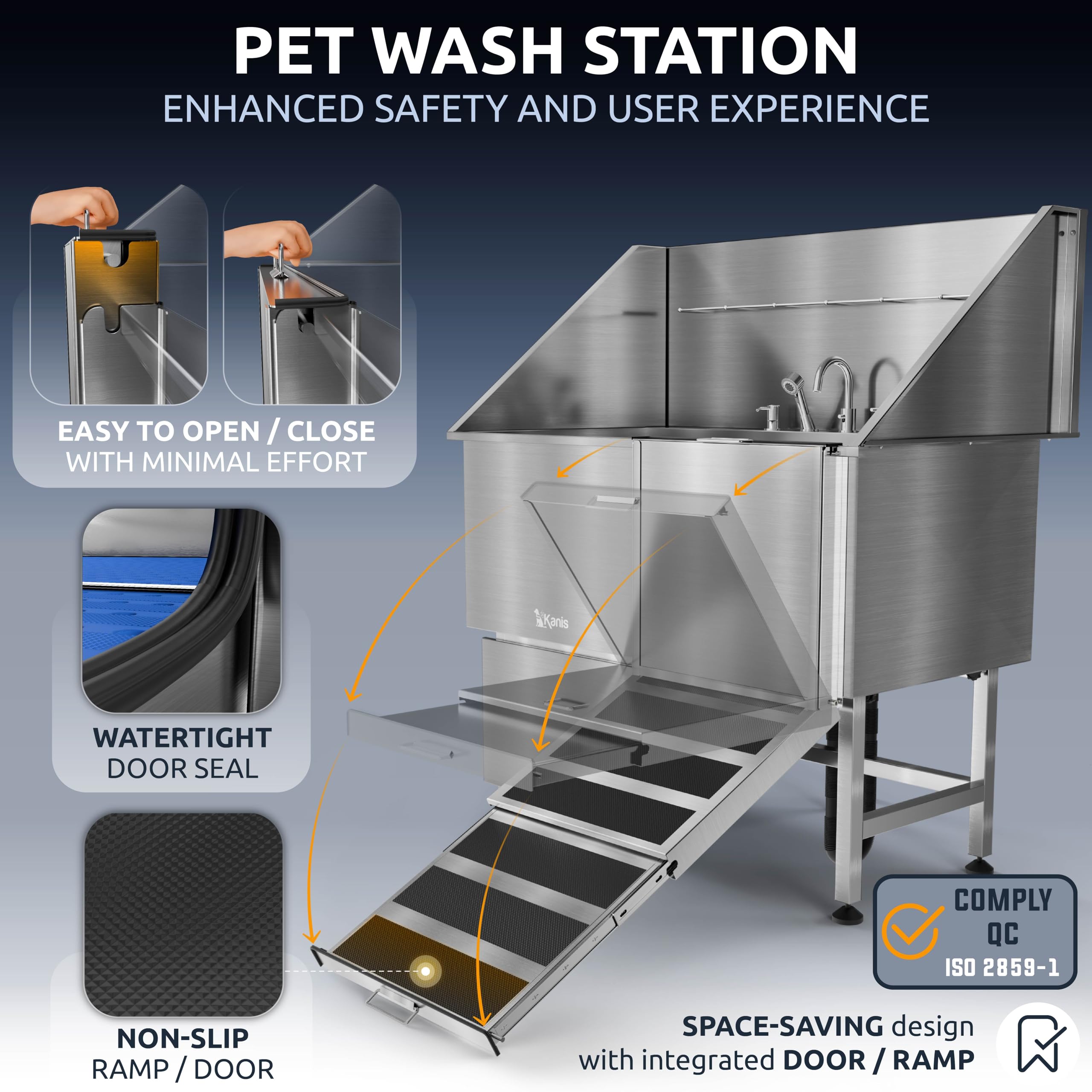 KANIS Professional Dog Washing Station 304 Stainless Steel Pet Wash Sink & Grooming Bathtub w/Shower, Floor Grates and Storage for Large, Medium & Small Pets (Silver, 50 Inches, Right Ramp, 1 Drawer)