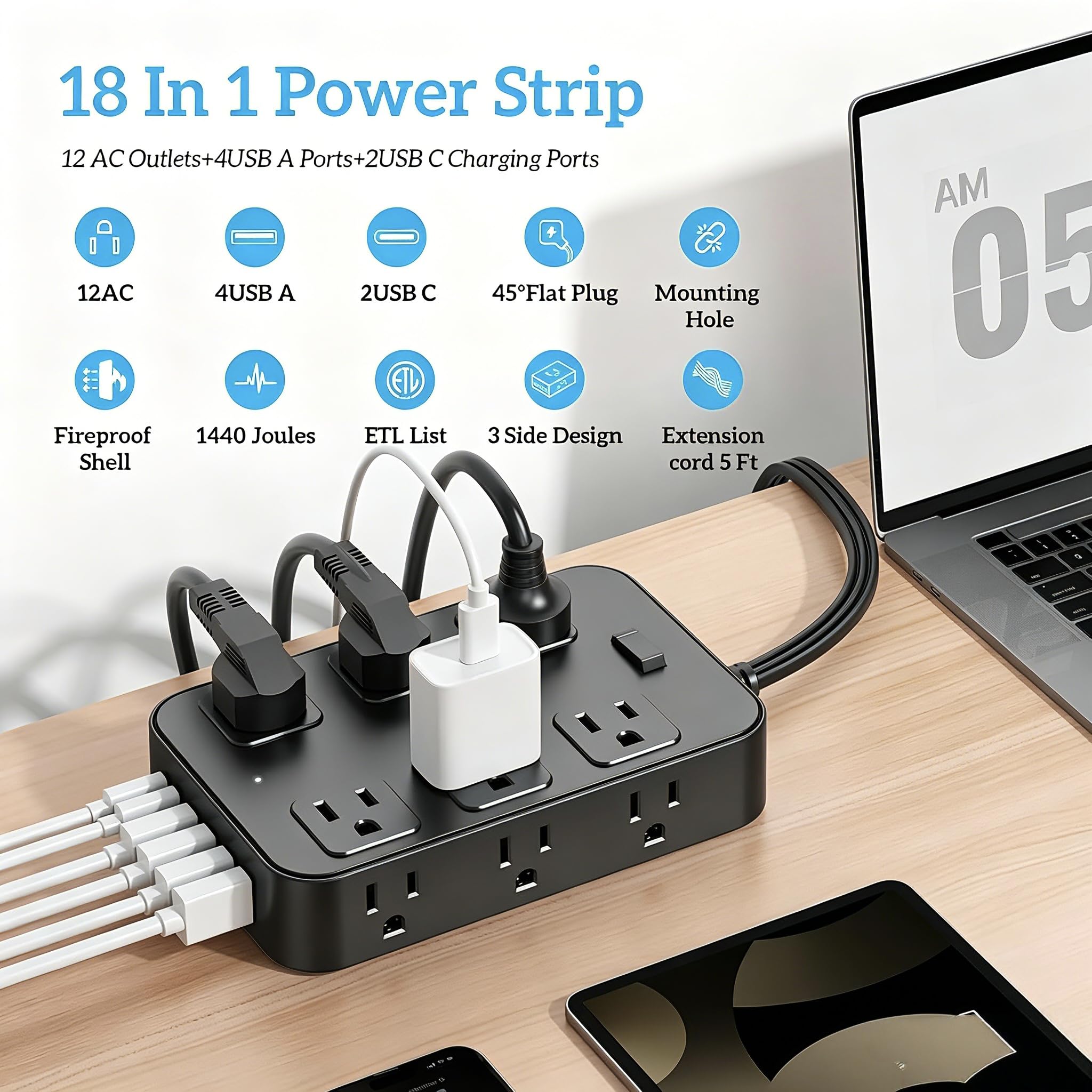Flat Plug Power Strip Surge Protector 5 Ft Extension Cord with 12 AC Outlets 6 USB Ports 3 Side Multi Plug Outlet Extender Home Office Kitchen Dorm Room Wall Desk Charging Station ETL Listed