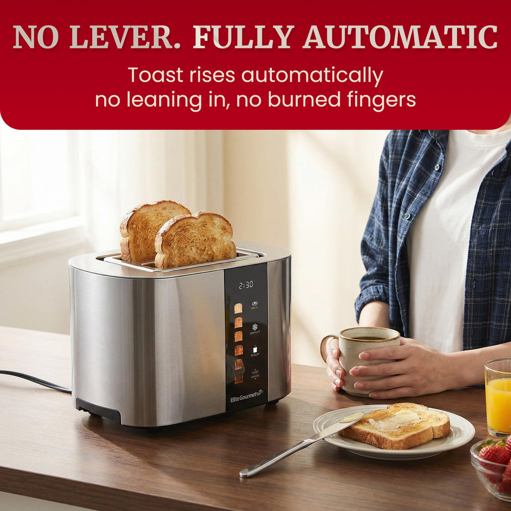 Elite Gourmet ECT5500 4-Slice Long Slot Toaster, Fully Automatic Motorized, Stainless Steel Digital Touchscreen, Extra-Wide Slots, 6 Browning Levels, Bagel, Defrost & Reheat