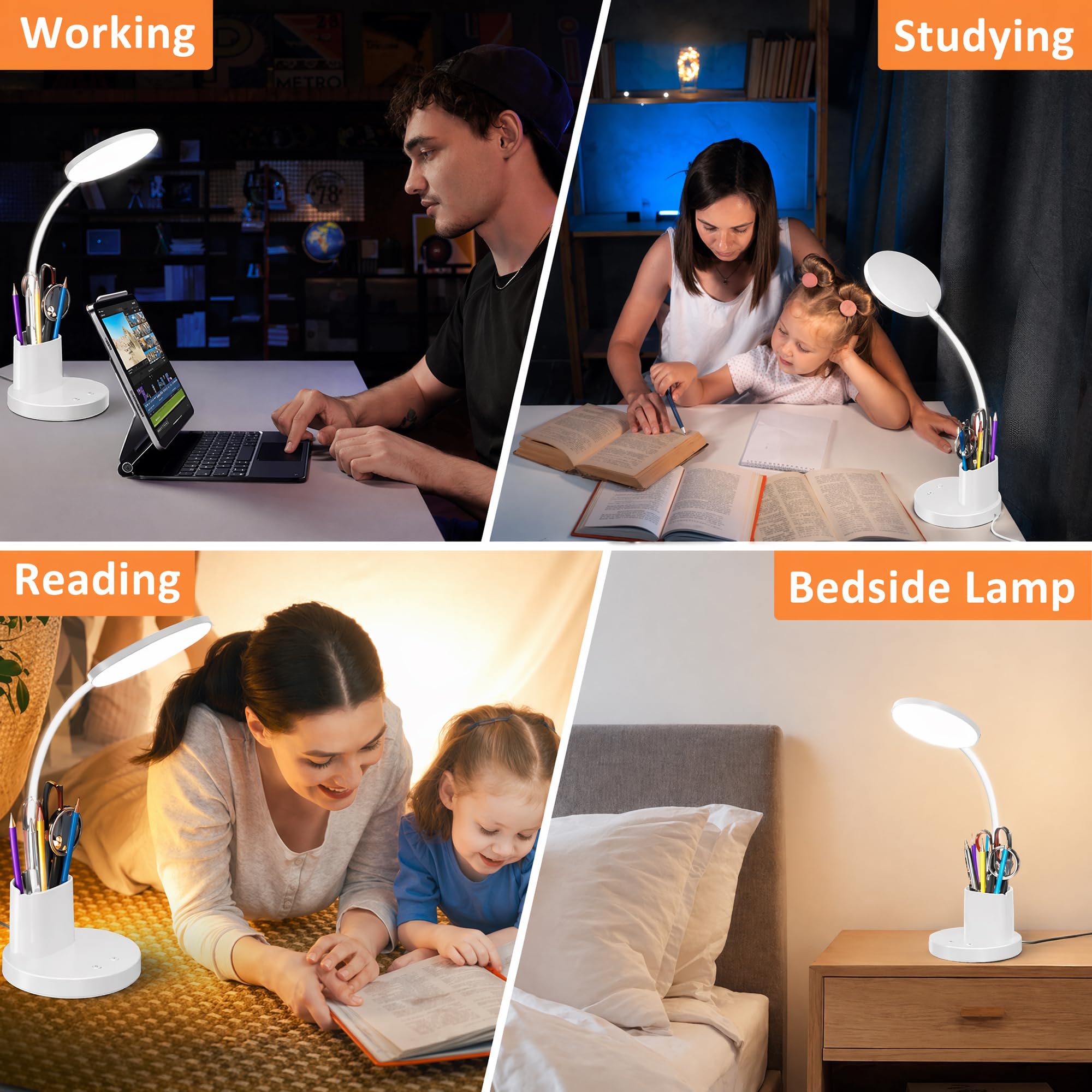 LED Desk Lamp with Wireless Charger for Home Office, Black | 3 Color Modes Dimmable Eye-Caring Study Desk Light for College Dorm Room, 360° Flexible Arm, Built-in Pen Holder, 800 Lumen