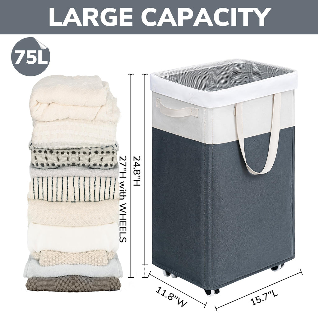 Goodpick Pink Laundry Basket with Wheels, Dorm Room Essentials for Girls, 75L Collapsible Laundry Basket, Laundry Hamper with Handle for College Dorm
