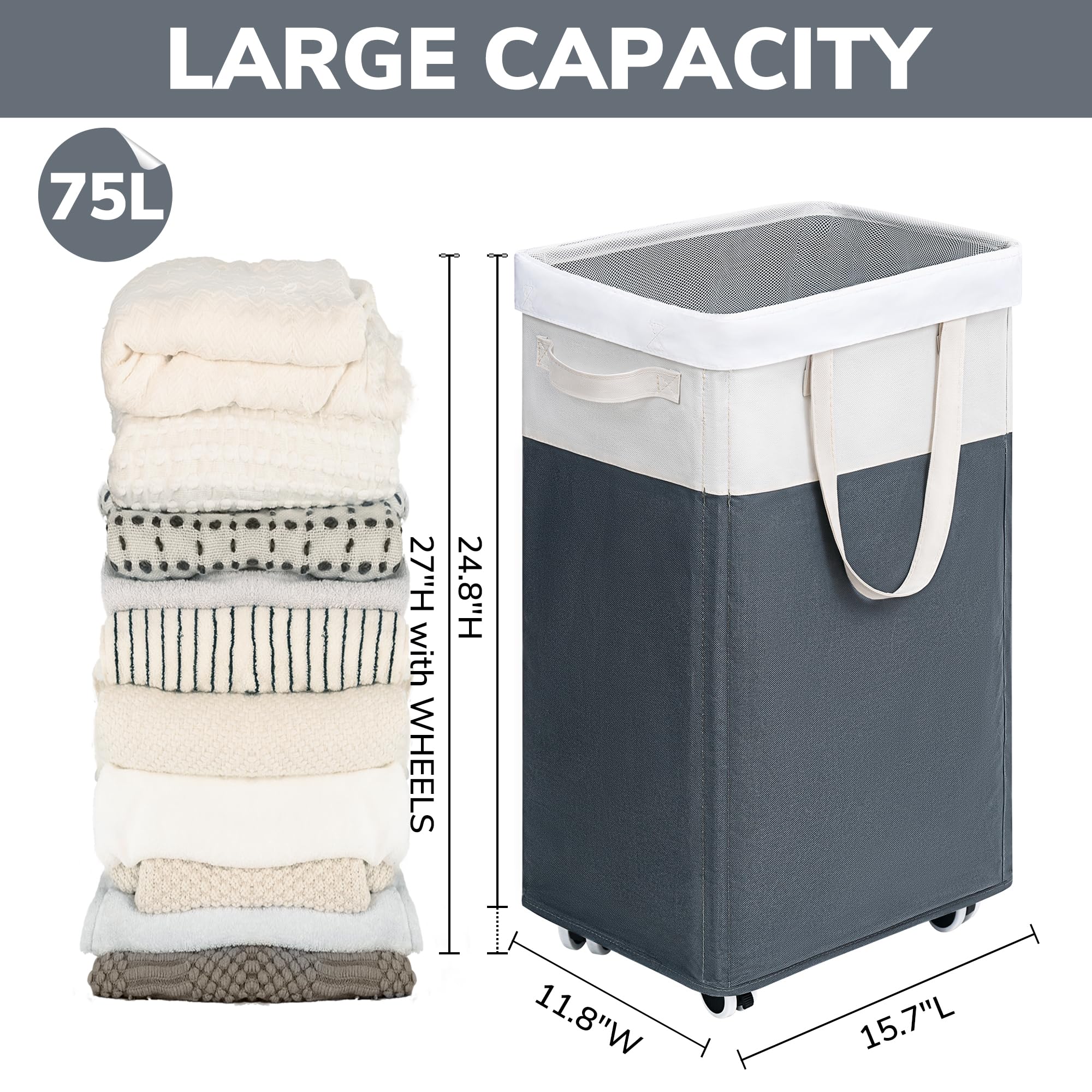 Goodpick Pink Laundry Basket with Wheels, Dorm Room Essentials for Girls, 75L Collapsible Laundry Basket, Laundry Hamper with Handle for College Dorm