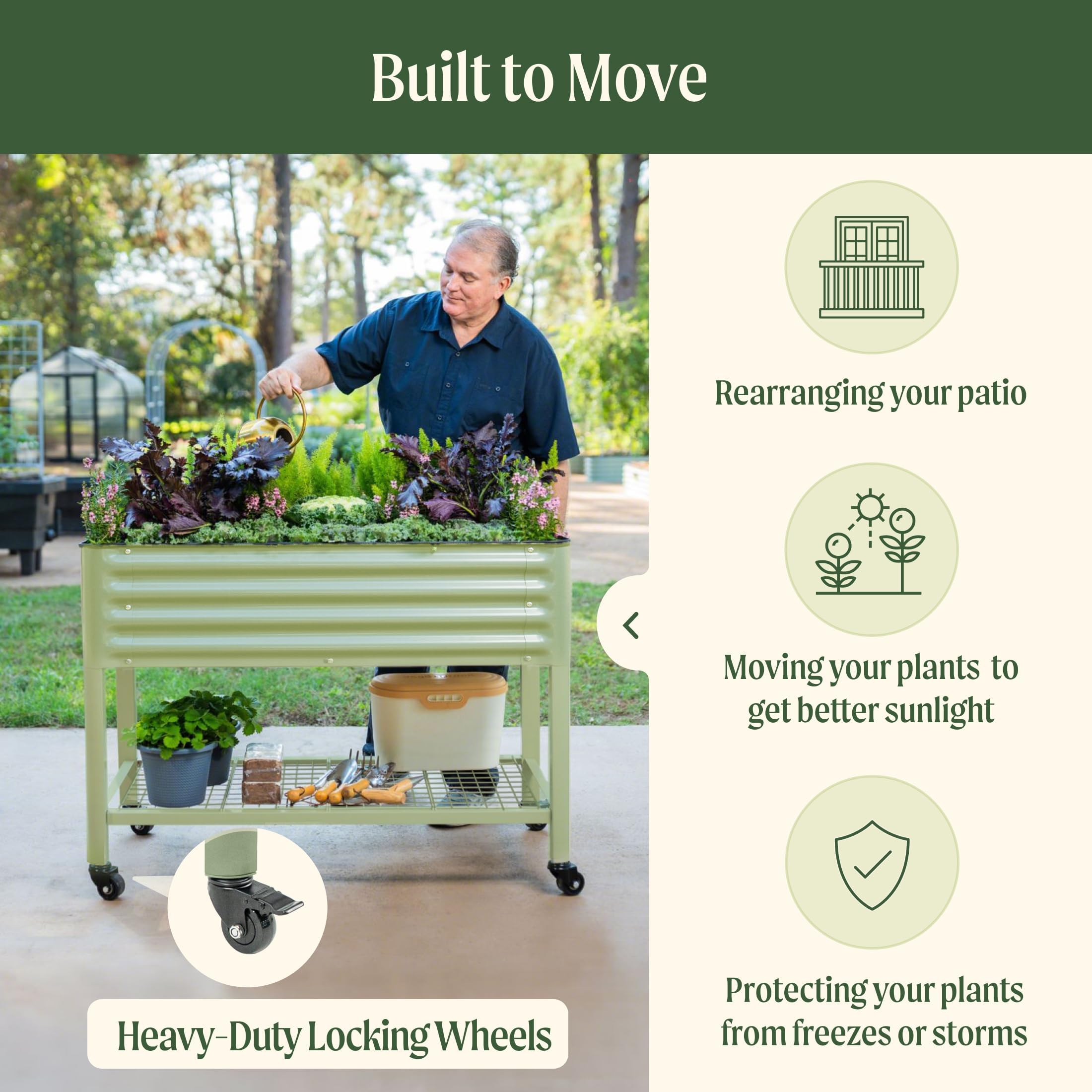 Rolling Elevated Raised Garden Bed, 2' x 4' Outdoor Planters Boxes with Legs & Storage Rack for Patio, 700 Lbs Weight Capacity, Raised Beds for Gardening Herbs Flowers, Pearl White