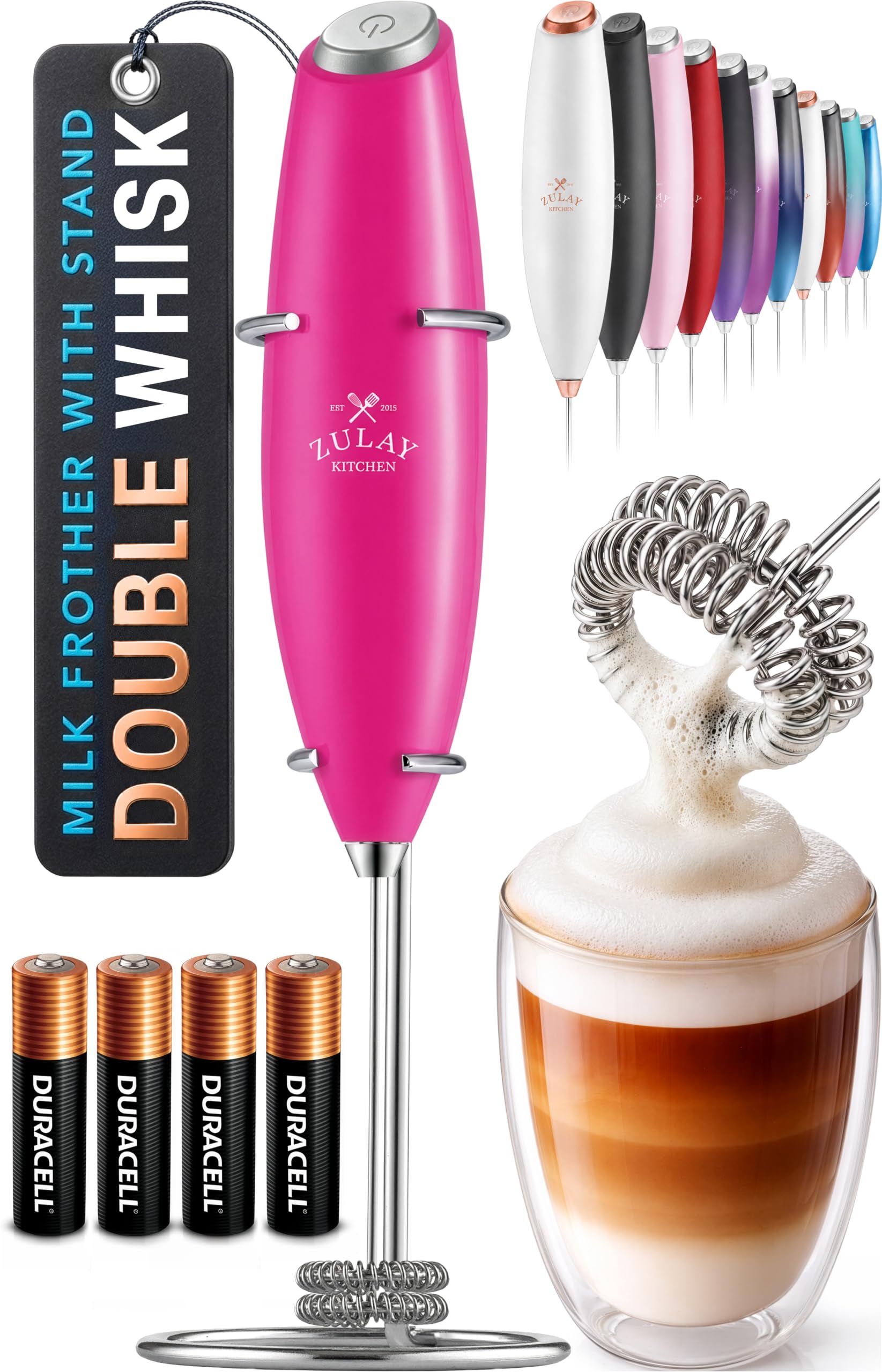 Zulay Kitchen Powerful Milk Frother Wand With Duracell Batteries - Ultra Fast Handheld Drink Mixer - Electric Whisk Foam Maker for Coffee, Lattes, Cappuccino & Matcha - Z1 Motor - Black