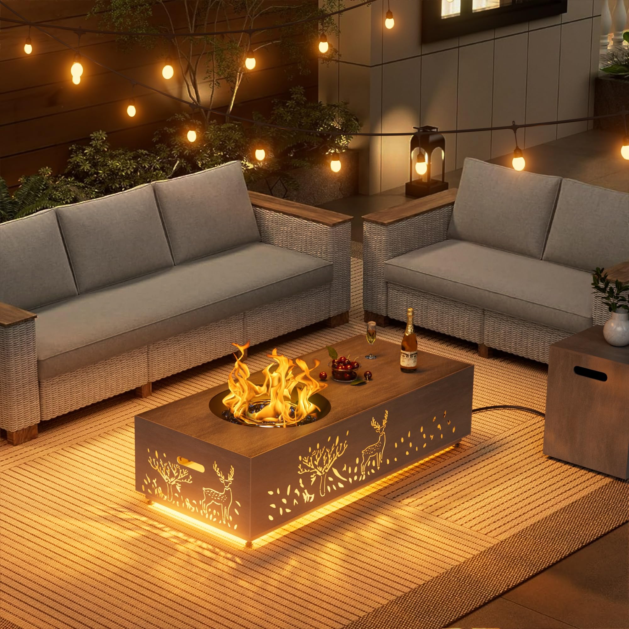 SUNPEAK 42" Modern Fire Pit Table with LED Light 50,000 BTU Deck Fire Pit Table Includes Wind Guard, Lid, Rocks & Cover - Propane Gas Patio Fireplace, Chimenea para Patio (Grey/Golden Light, 42" LED)