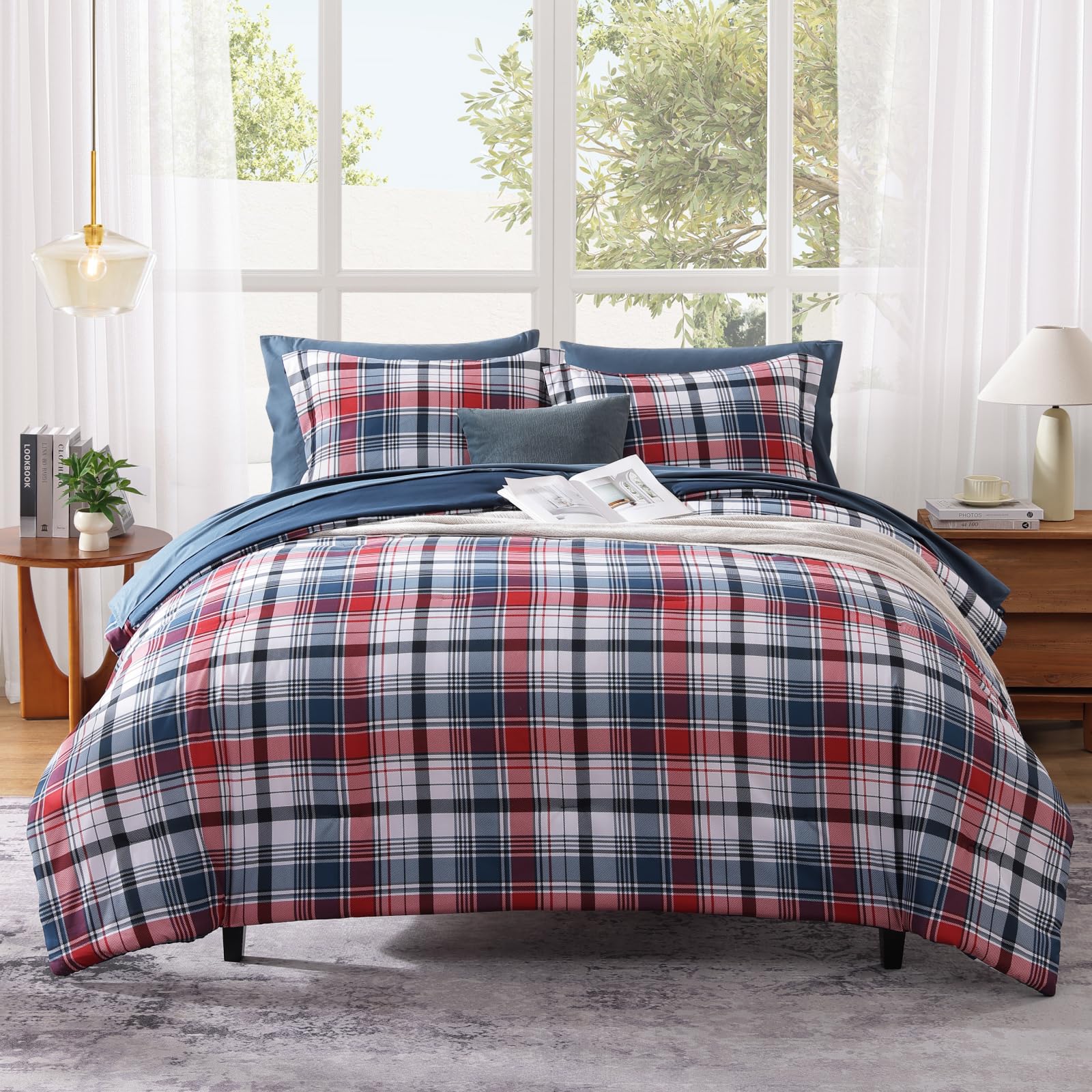 MaiRêve Plaid Twin XL Comforter Set Navy Blue 5 Pieces Dorm Bed in a Bag | Rustic Farmhouse Bedding Sets for Boys Teen with Sheets, Pillowcase & Sham