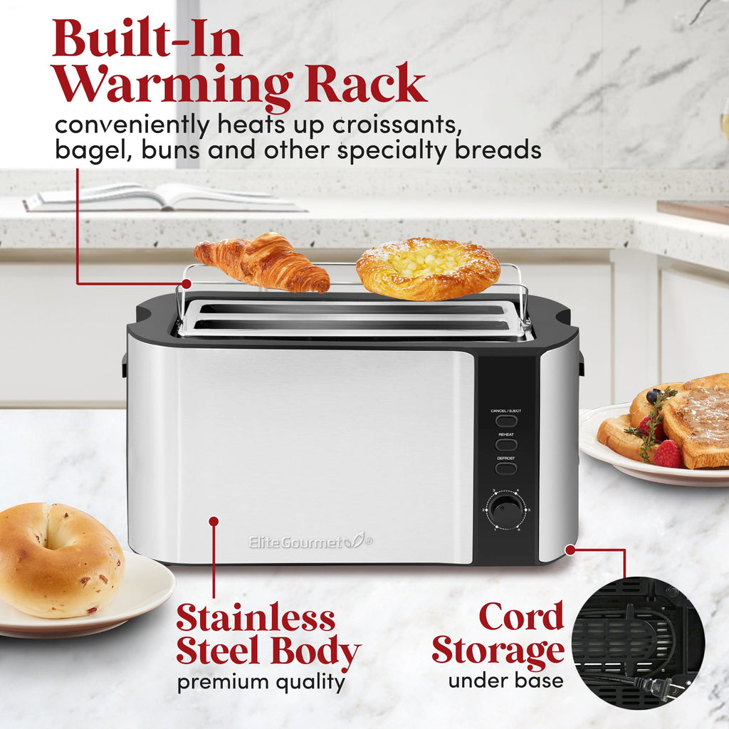 Elite Gourmet ECT5500 4-Slice Long Slot Toaster, Fully Automatic Motorized, Stainless Steel Digital Touchscreen, Extra-Wide Slots, 6 Browning Levels, Bagel, Defrost & Reheat