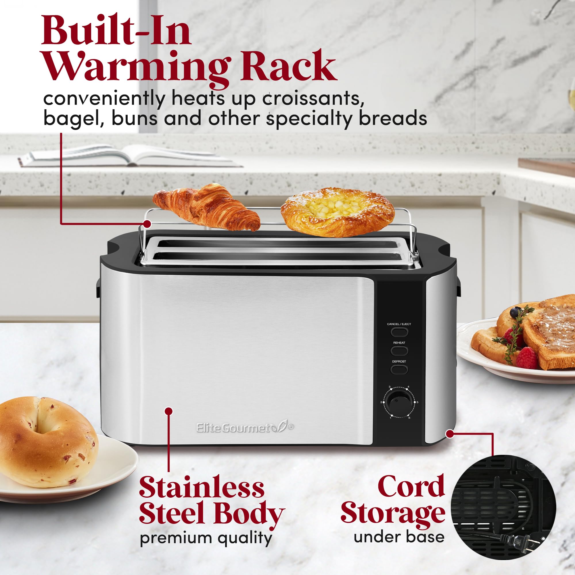 Elite Gourmet ECT5500 4-Slice Long Slot Toaster, Fully Automatic Motorized, Stainless Steel Digital Touchscreen, Extra-Wide Slots, 6 Browning Levels, Bagel, Defrost & Reheat