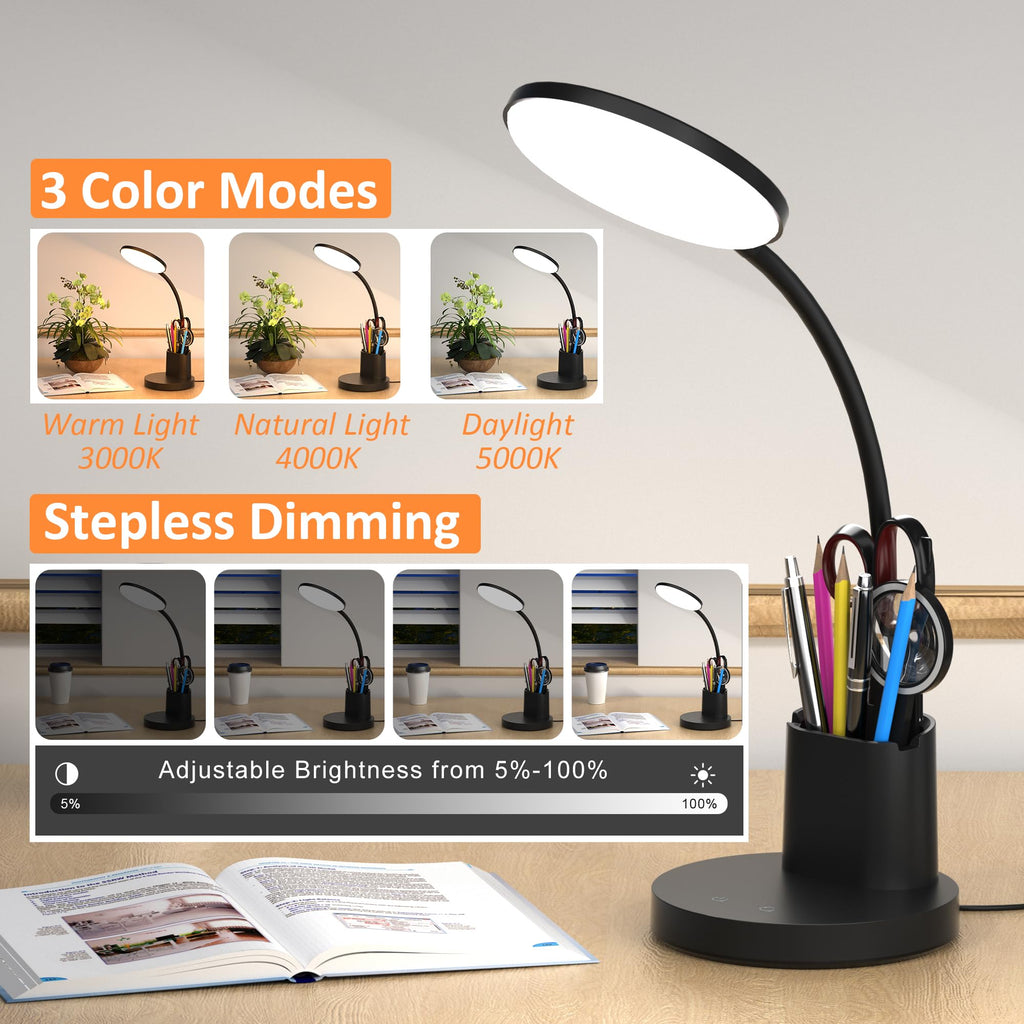 LED Desk Lamp with Wireless Charger for Home Office, Black | 3 Color Modes Dimmable Eye-Caring Study Desk Light for College Dorm Room, 360° Flexible Arm, Built-in Pen Holder, 800 Lumen