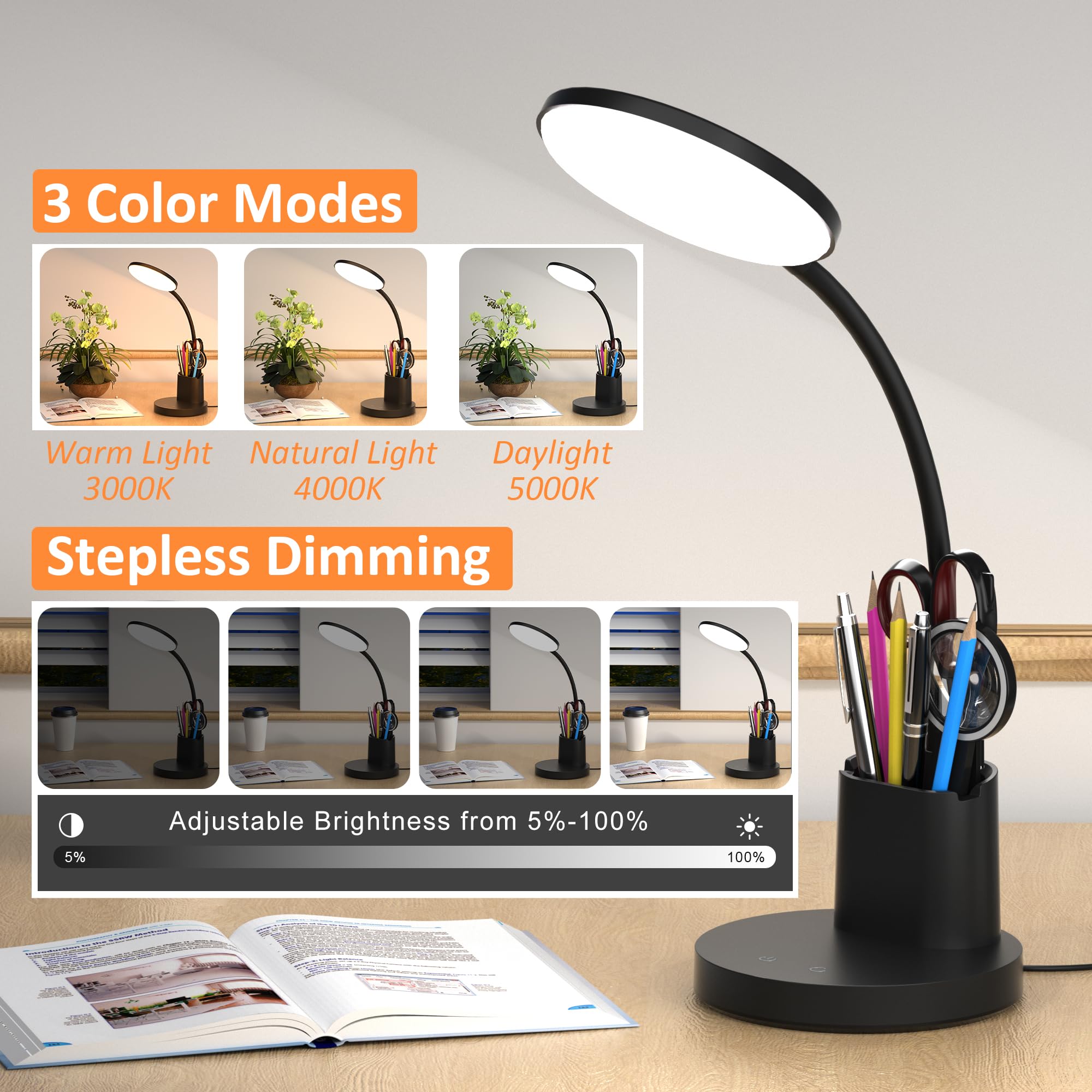LED Desk Lamp with Wireless Charger for Home Office, Black | 3 Color Modes Dimmable Eye-Caring Study Desk Light for College Dorm Room, 360° Flexible Arm, Built-in Pen Holder, 800 Lumen