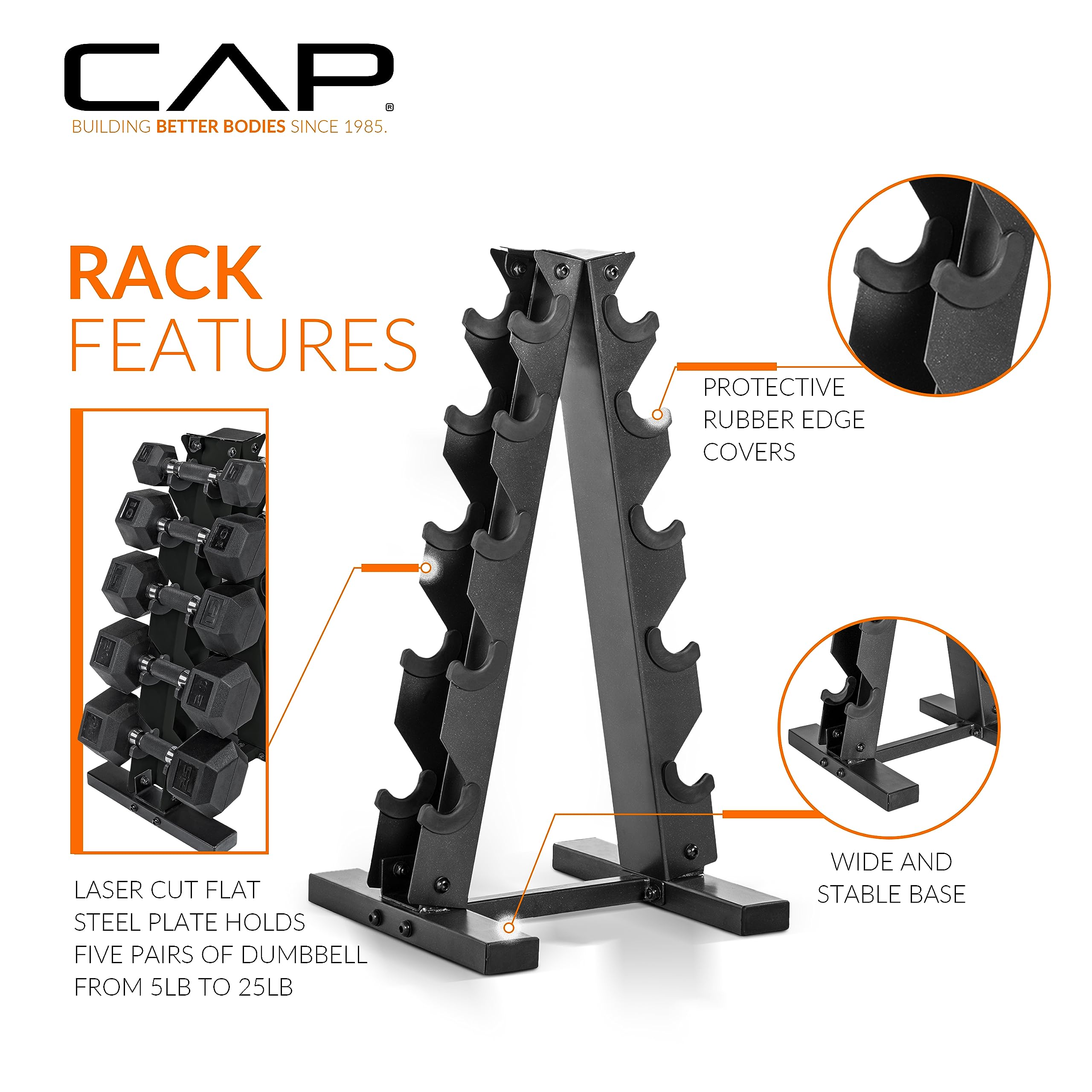 CAP Rubber Coated Hex Dumbbell Set with Storage Rack | 100–210 lb Options, Space-Saving Vertical Compact Storage for Home Gym Strength Training