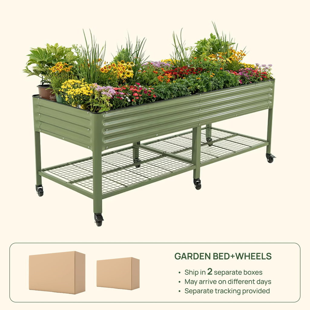 Rolling Elevated Raised Garden Bed, 2' x 4' Outdoor Planters Boxes with Legs & Storage Rack for Patio, 700 Lbs Weight Capacity, Raised Beds for Gardening Herbs Flowers, Pearl White