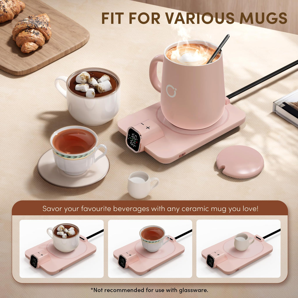 Coffee Cup Warmer & iKago Mug Set, 1℉ Precise Temp Control Mug Warmer | Auto Shut Off, Infrared Sensor, Dual Temp Display, ℉/℃ Optional, 15oz Mug with Spoon & Lid Included, Gifts for Men Women