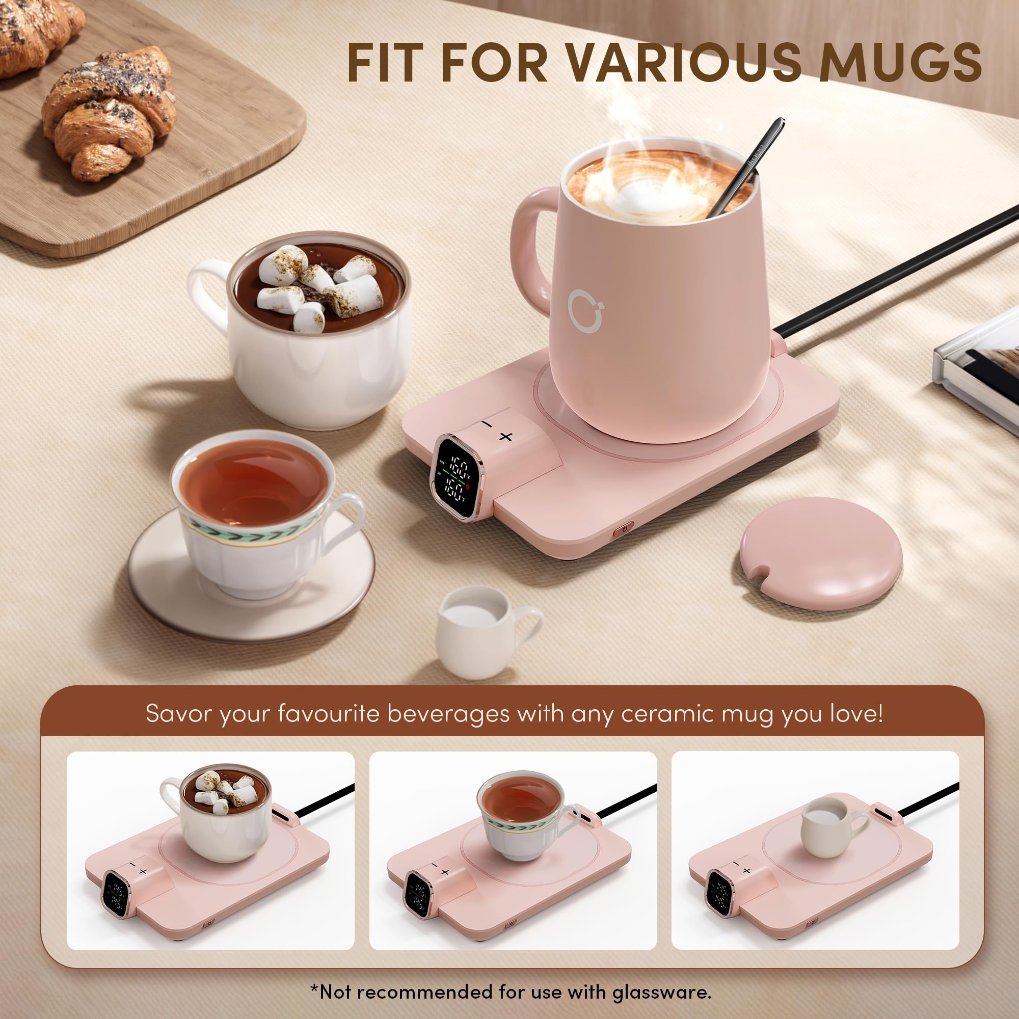 Coffee Cup Warmer & iKago Mug Set, 1℉ Precise Temp Control Mug Warmer | Auto Shut Off, Infrared Sensor, Dual Temp Display, ℉/℃ Optional, 15oz Mug with Spoon & Lid Included, Gifts for Men Women