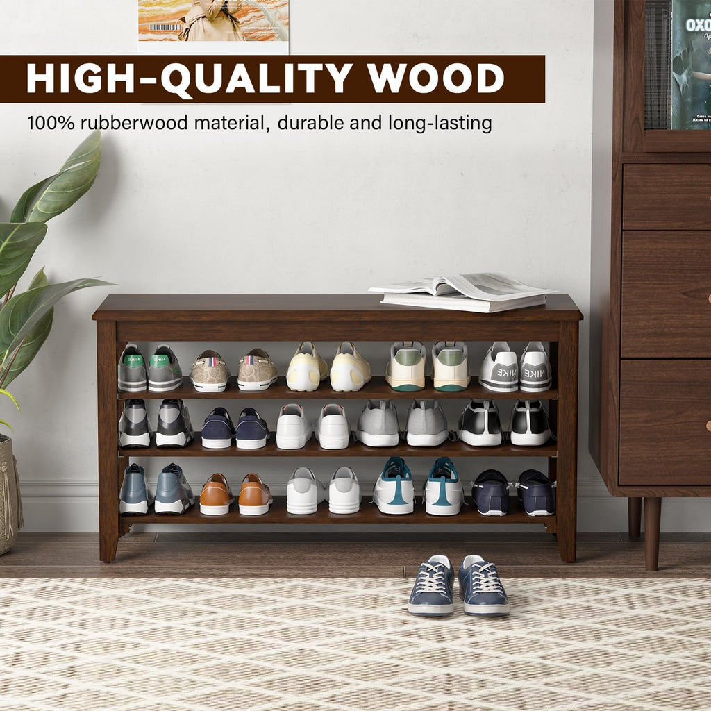 Taitiy Shoe Bench Storage Rubberwood with Leather Cushion for Entryway Bench Ideal for Hallways Shoe Rack Front Doors Entrances Mudrooms Featuring 3 Height-Adjustable and Removable Shelves