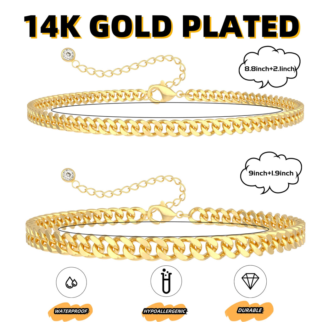 Gold Ankle Bracelets for Women Waterproof - Dainty Gold Anklets Trendy Layered 14K Gold/Silver Plated Stackable Chunky Cuban Link Chian Anklet Bracelet Set for Women Non Tarnish Beach Jewelry Gift