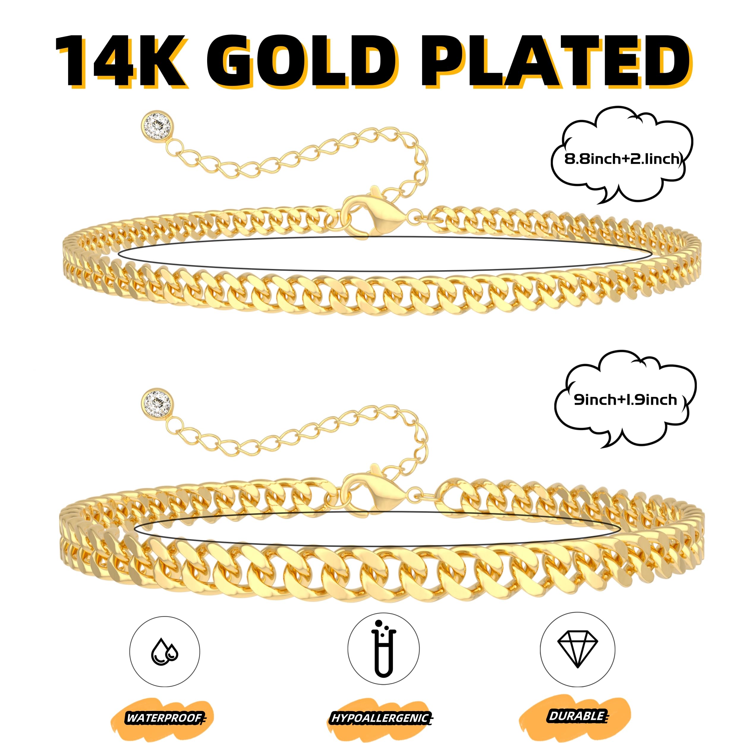 Gold Ankle Bracelets for Women Waterproof - Dainty Gold Anklets Trendy Layered 14K Gold/Silver Plated Stackable Chunky Cuban Link Chian Anklet Bracelet Set for Women Non Tarnish Beach Jewelry Gift