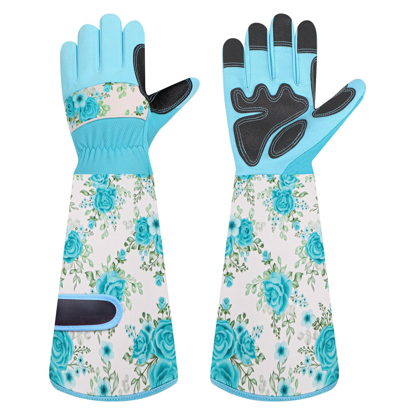 DLY Garden Gloves for Women,Gardening Gloves,Gardening Gift for Lady,Blue,M | Thornproof Cowhide Palm, Foam-Padded Grip, Long Sunflower Print Cuff, 3-Finger Touchscreen, Rose Pruning, Weeding & Yard Work