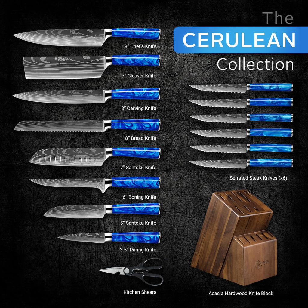 SENKEN 16-Piece Knife Block Set - Japanese High Carbon Stainless Steel with Damascus Pattern, Dark Wood Handles, 6 Steak Knives & Acacia Hardwood Block (Brown)