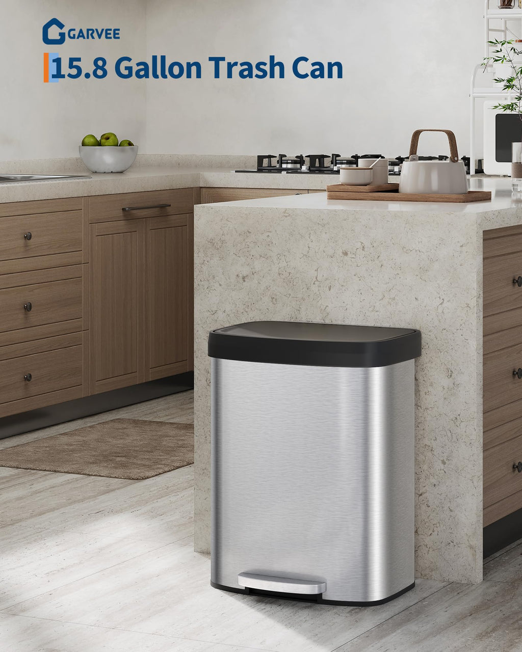 Garvee 13 gal / 50 L Stainless Steel Trash Can with Lid, Large Garbage Can for Kitchen, Rustproof Step-on Kitchen Metal Trash Bin with Liner Rim, Rear Handle, Soft Close Plastic Lid, Silver