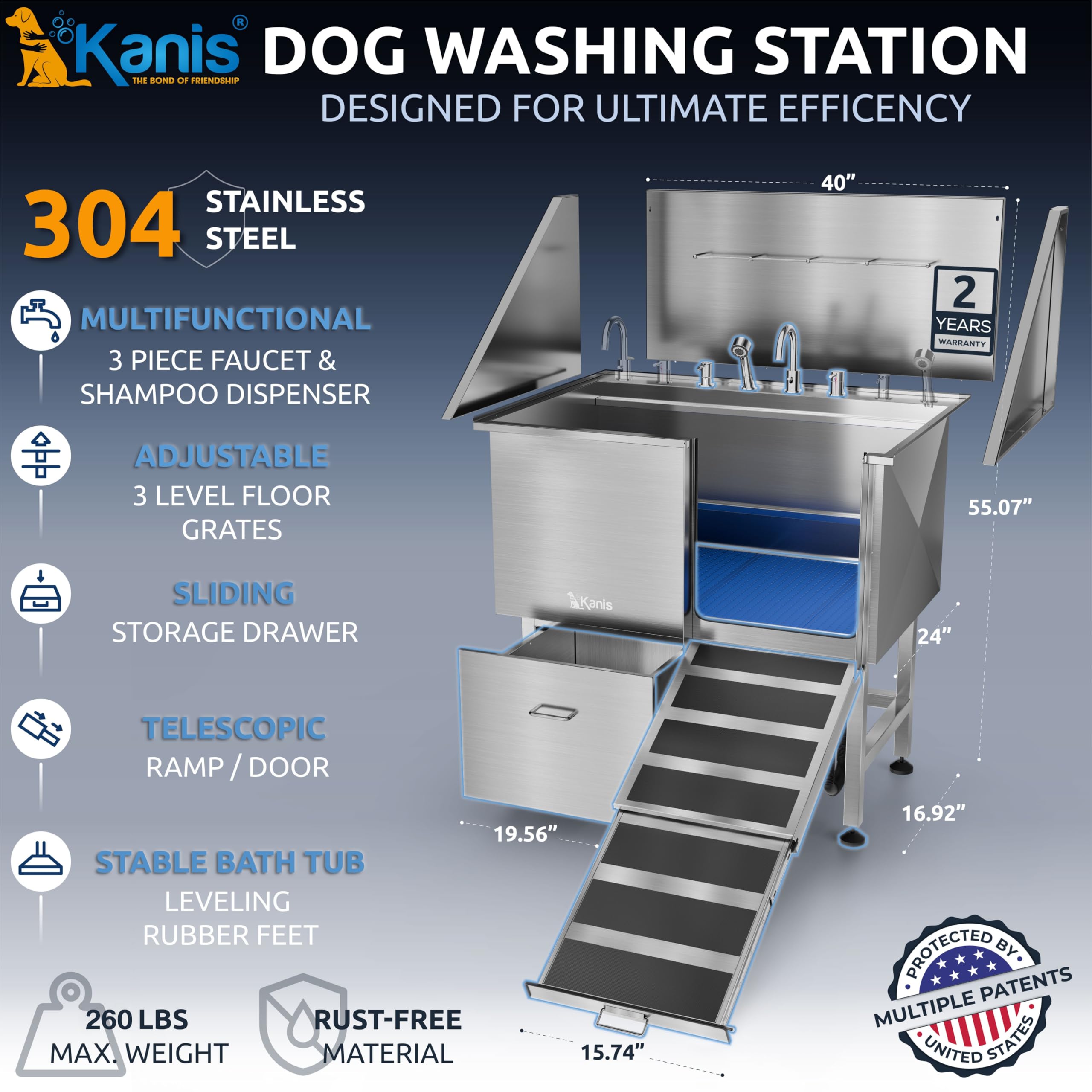 KANIS Professional Dog Washing Station 304 Stainless Steel Pet Wash Sink & Grooming Bathtub w/Shower, Floor Grates and Storage for Large, Medium & Small Pets (Silver, 50 Inches, Right Ramp, 1 Drawer)