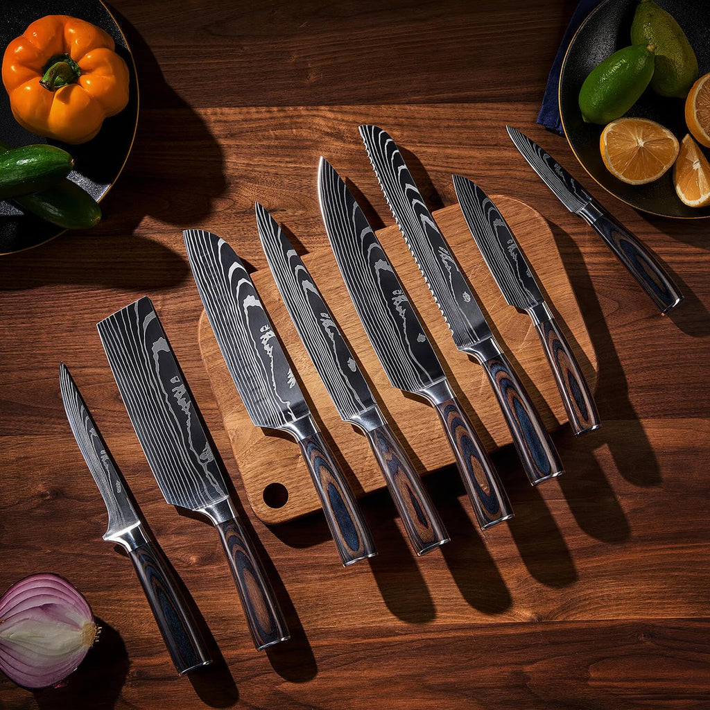SENKEN 16-Piece Knife Block Set - Japanese High Carbon Stainless Steel with Damascus Pattern, Dark Wood Handles, 6 Steak Knives & Acacia Hardwood Block (Brown)