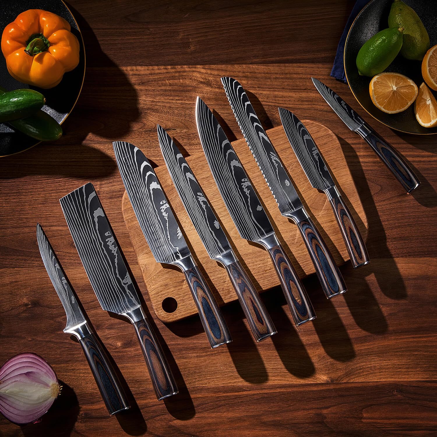 SENKEN 16-Piece Knife Block Set - Japanese High Carbon Stainless Steel with Damascus Pattern, Dark Wood Handles, 6 Steak Knives & Acacia Hardwood Block (Brown)