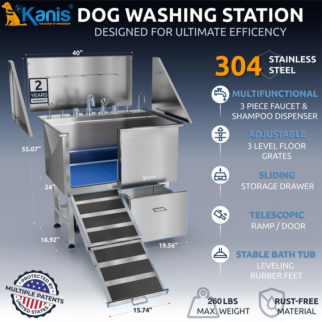 KANIS Professional Dog Washing Station 304 Stainless Steel Pet Wash Sink & Grooming Bathtub w/Shower, Floor Grates and Storage for Large, Medium & Small Pets (Silver, 50 Inches, Right Ramp, 1 Drawer)