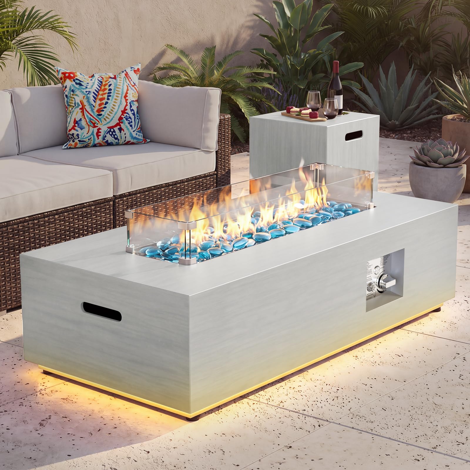 SUNPEAK 42" Modern Fire Pit Table with LED Light 50,000 BTU Deck Fire Pit Table Includes Wind Guard, Lid, Rocks & Cover - Propane Gas Patio Fireplace, Chimenea para Patio (Grey/Golden Light, 42" LED)