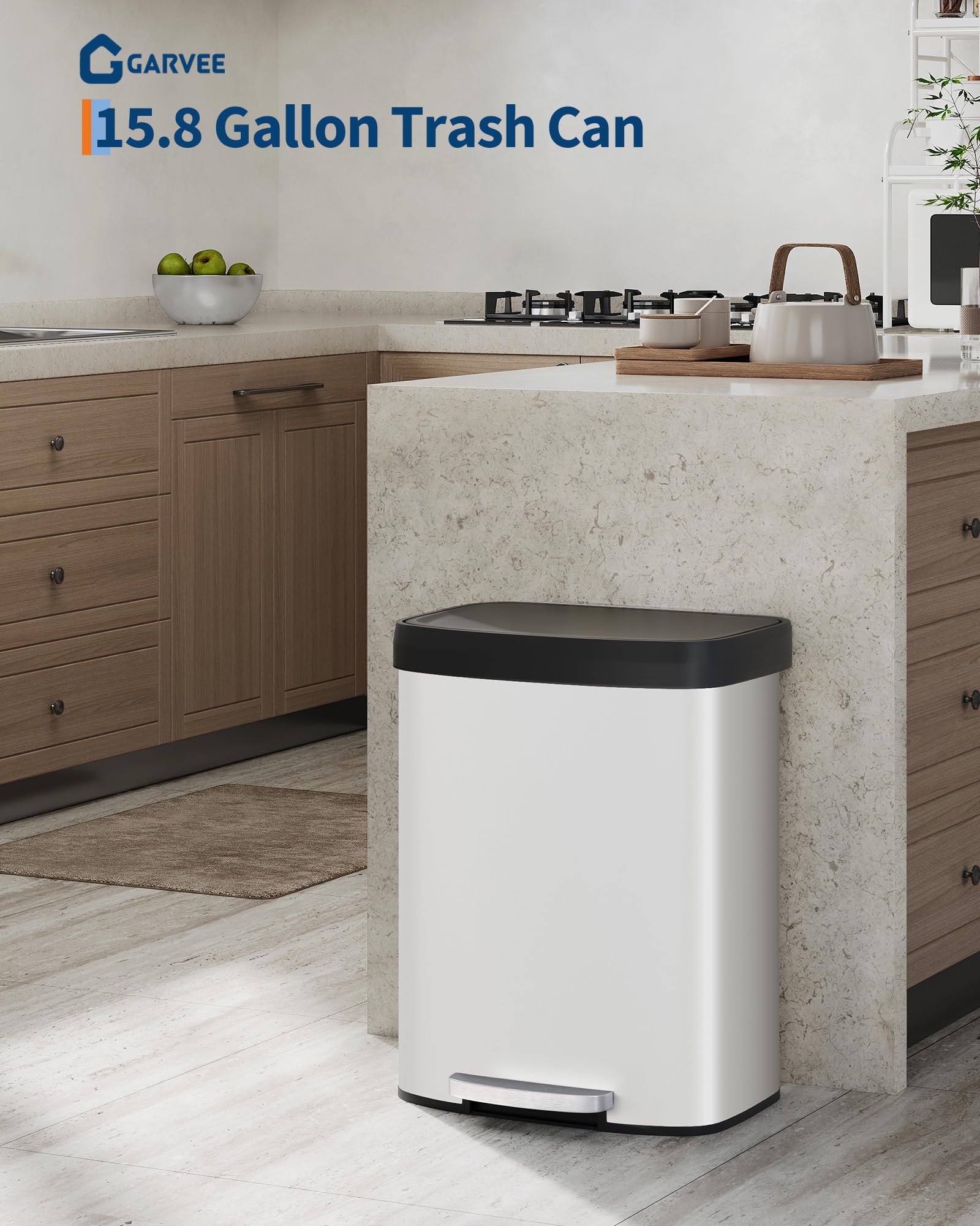 Garvee 13 gal / 50 L Stainless Steel Trash Can with Lid, Large Garbage Can for Kitchen, Rustproof Step-on Kitchen Metal Trash Bin with Liner Rim, Rear Handle, Soft Close Plastic Lid, Silver