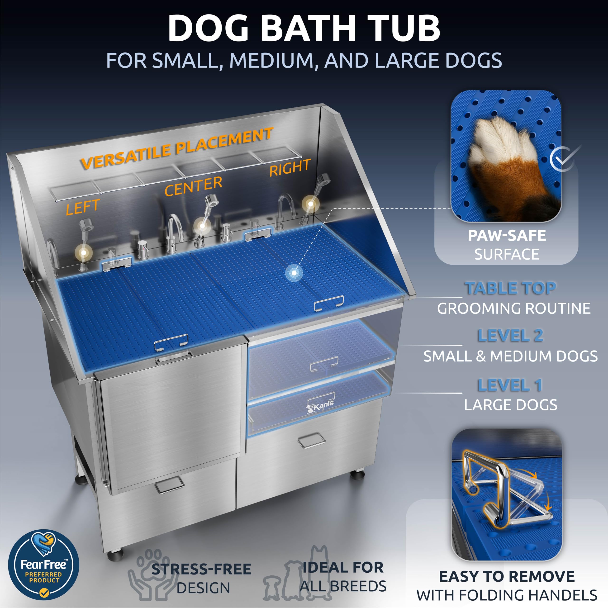 KANIS Professional Dog Washing Station 304 Stainless Steel Pet Wash Sink & Grooming Bathtub w/Shower, Floor Grates and Storage for Large, Medium & Small Pets (Silver, 50 Inches, Right Ramp, 1 Drawer)