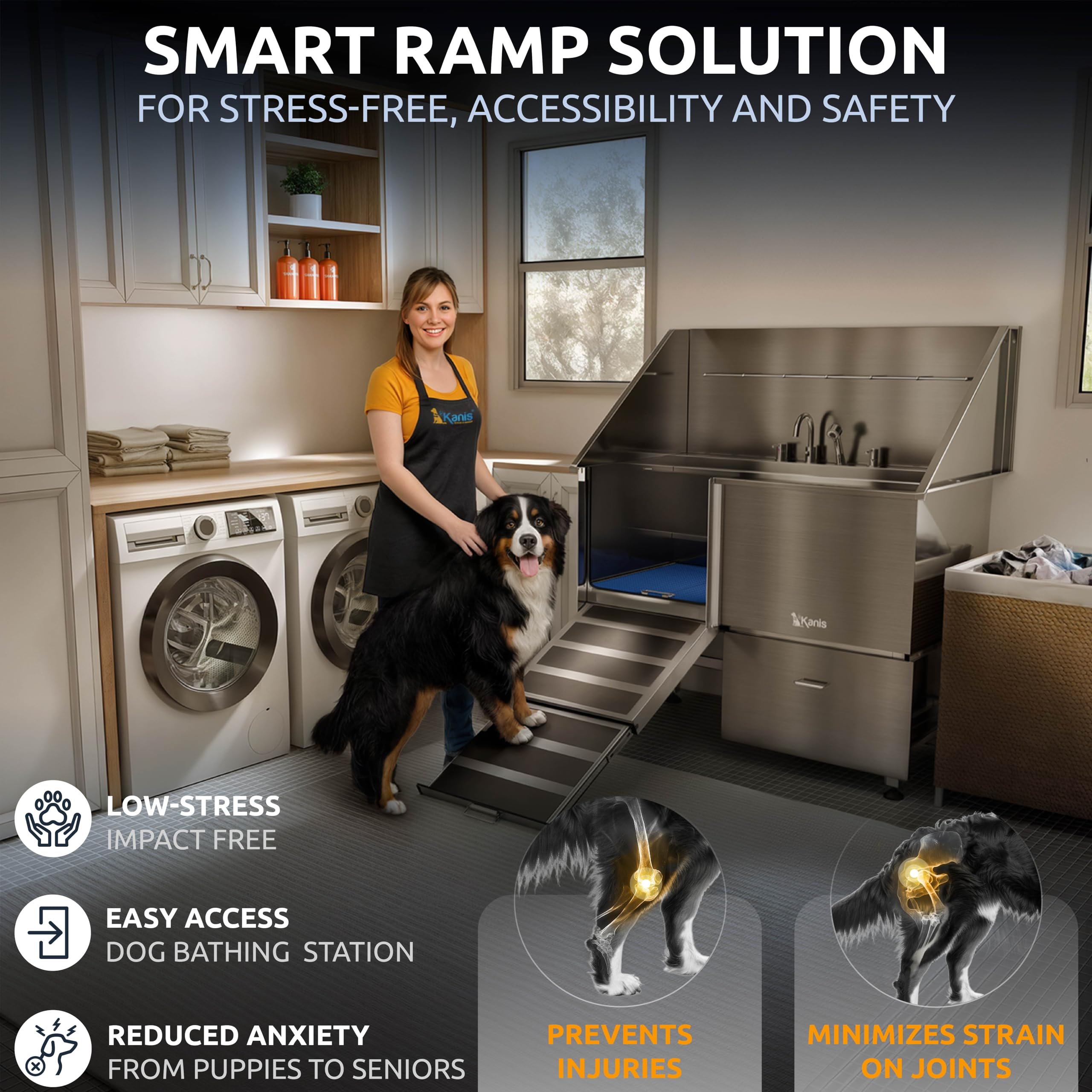KANIS Professional Dog Washing Station 304 Stainless Steel Pet Wash Sink & Grooming Bathtub w/Shower, Floor Grates and Storage for Large, Medium & Small Pets (Silver, 50 Inches, Right Ramp, 1 Drawer)
